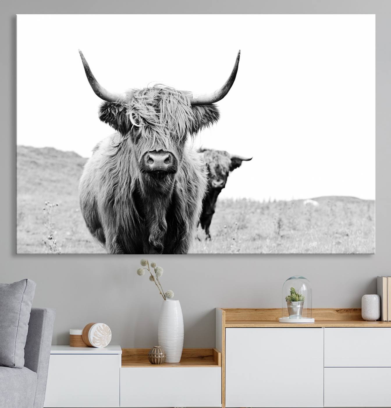 57411-MGV-CV-36X24-Beautiful Highland Cow Canvas Wall Art, Framed Highland Cow Canvas Decor