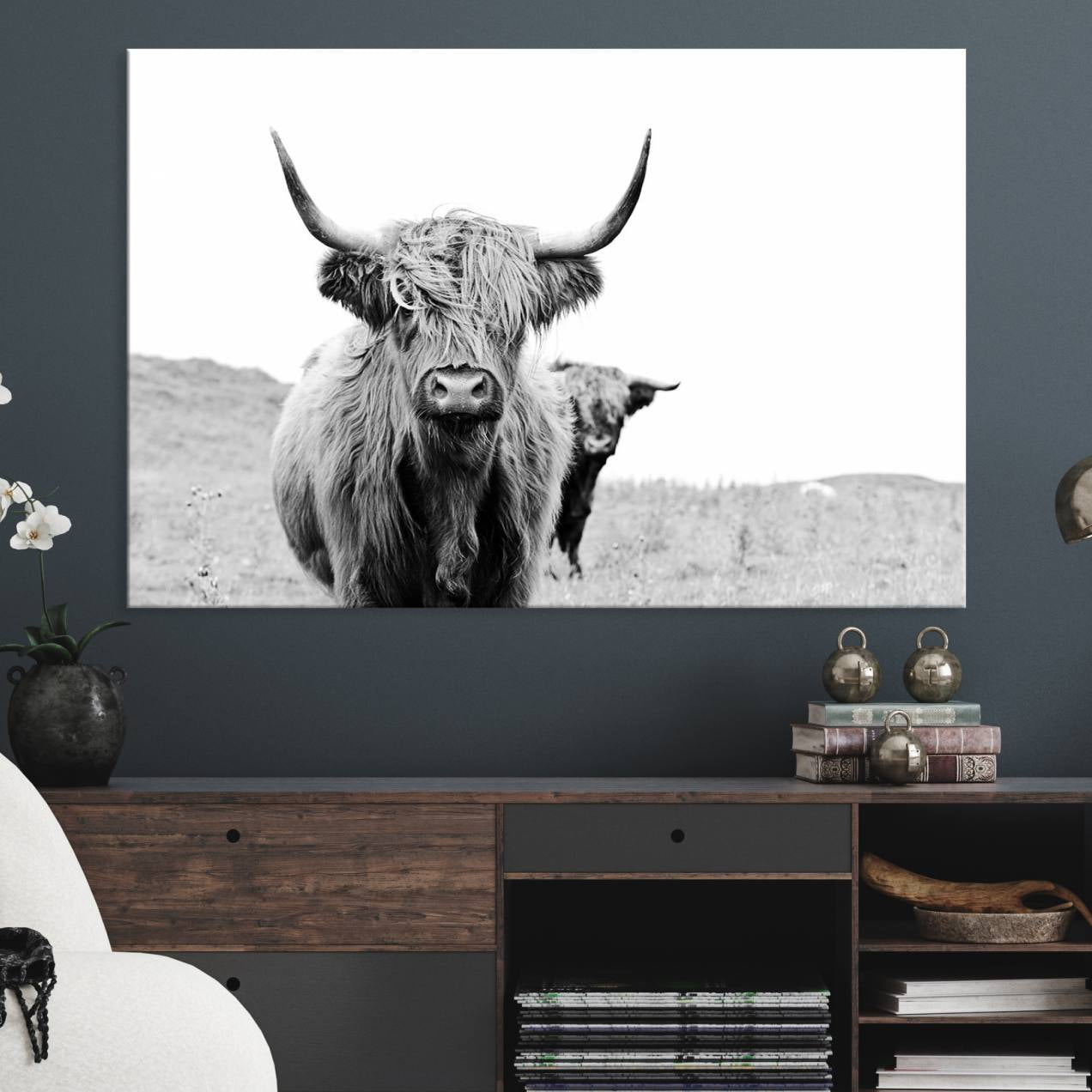 57411-MGV-CV-36X24-Beautiful Highland Cow Canvas Wall Art, Framed Highland Cow Canvas Decor