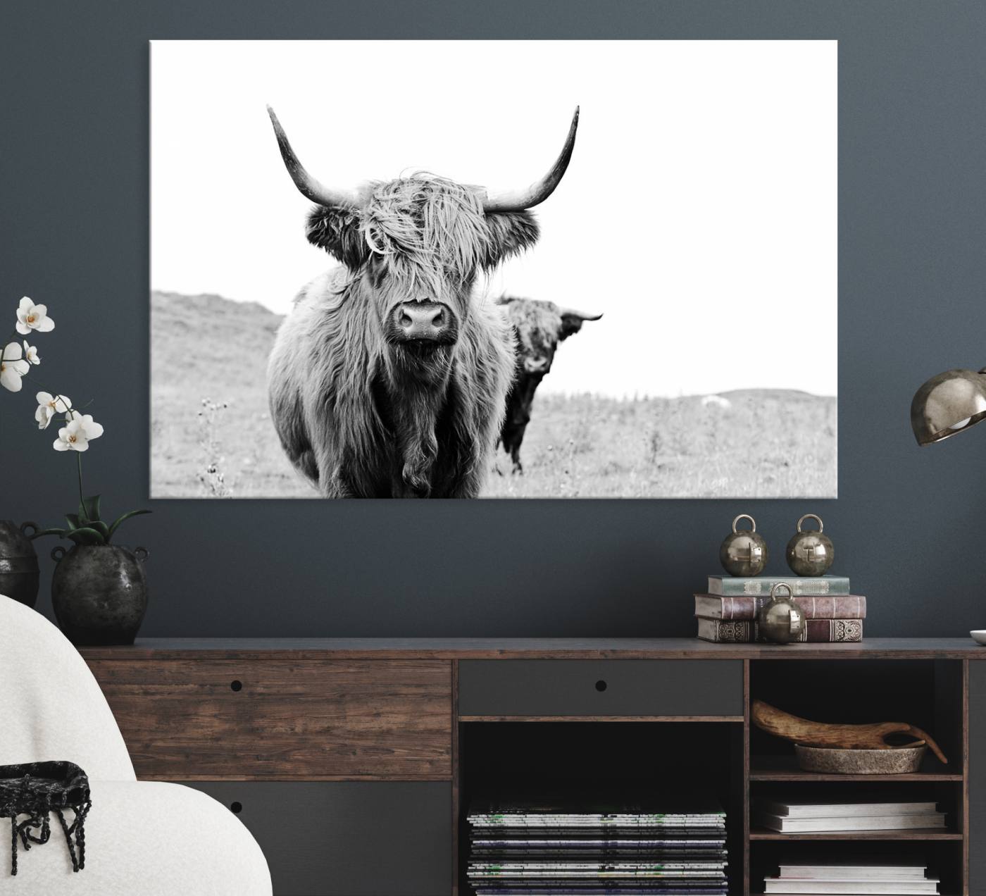 57411-MGV-CV-36X24-Beautiful Highland Cow Canvas Wall Art, Framed Highland Cow Canvas Decor