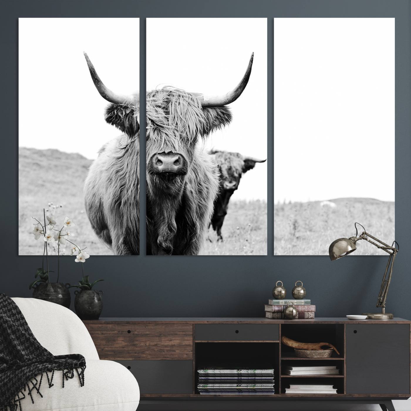 57411-MGV-CV-48X32-3P-Beautiful Highland Cow Canvas Wall Art, Framed Highland Cow Canvas Decor