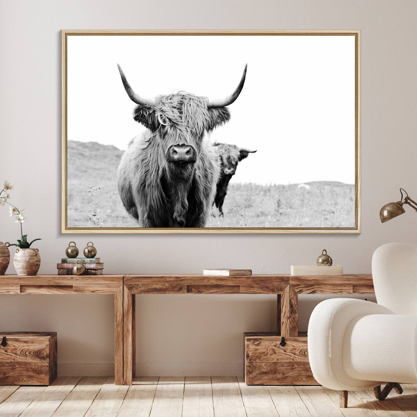 57411-MGV-FC-36X24_Natural-Beautiful Highland Cow Canvas Wall Art, Framed Highland Cow Canvas Decor