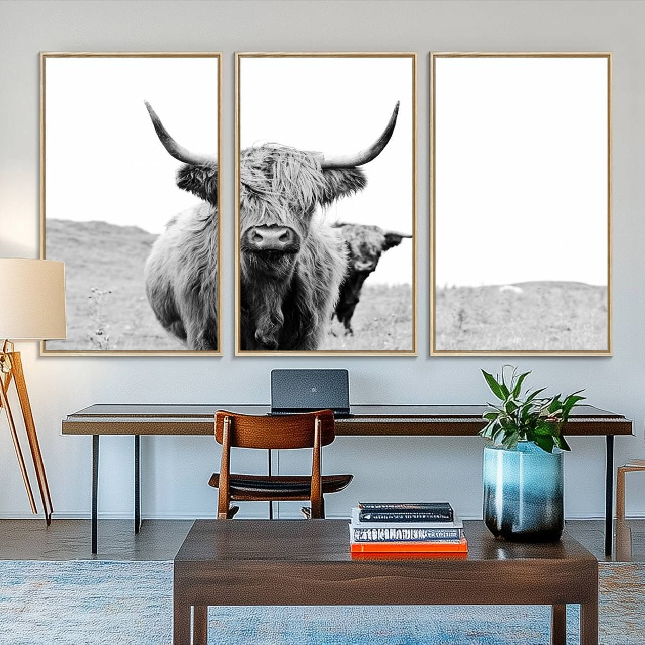 57411-MGV-FC-48X32-3P_Natural-Beautiful Highland Cow Canvas Wall Art, Framed Highland Cow Canvas Decor