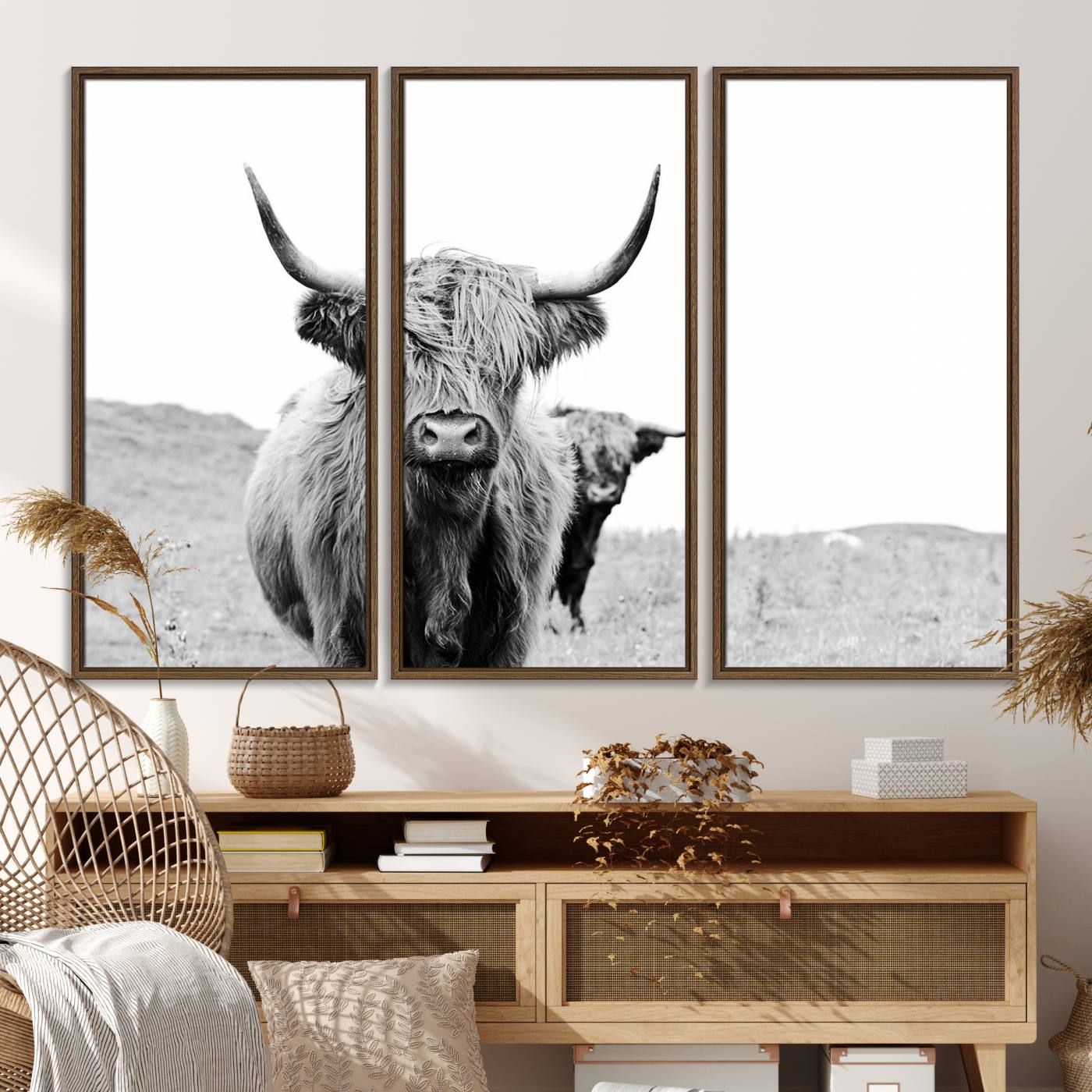 57411-MGV-FC-48X32-3P_Walnut-Beautiful Highland Cow Canvas Wall Art, Framed Highland Cow Canvas Decor