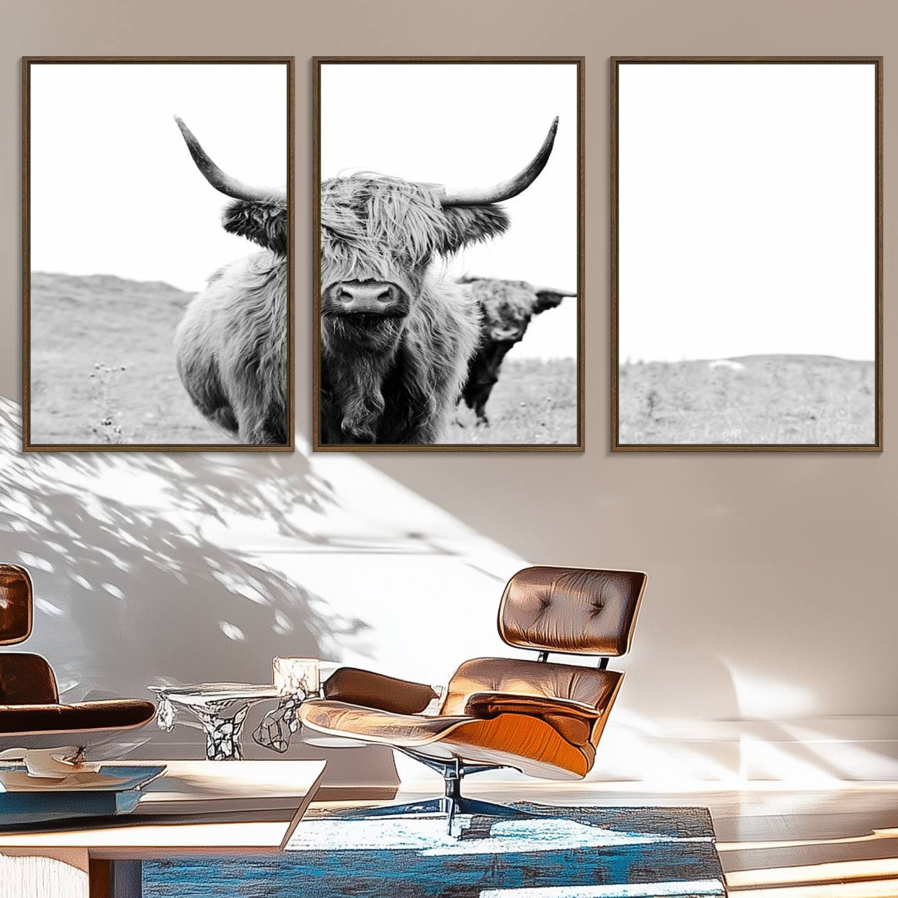 57411-MGV-FC-60X30-3P_Walnut-Beautiful Highland Cow Canvas Wall Art, Framed Highland Cow Canvas Decor