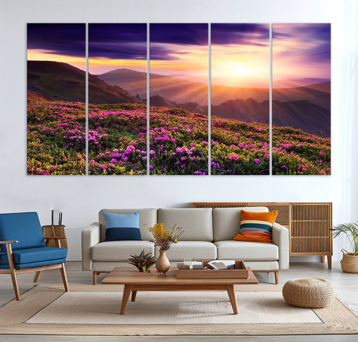 -Beautiful Mountain Sunset Landscape with Purple Flowers Canvas Wall Art Print