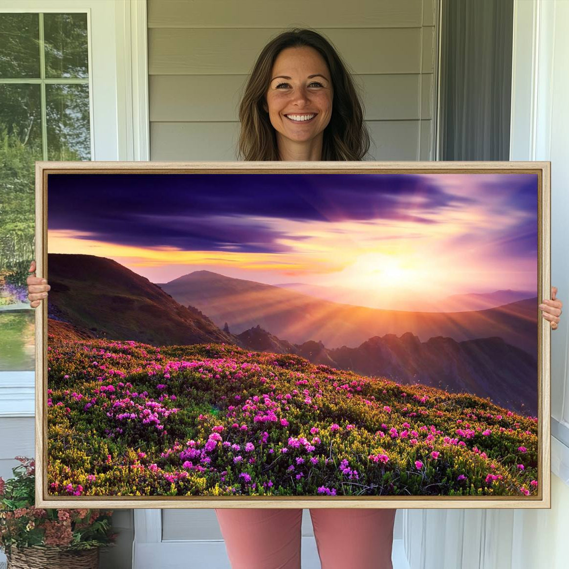 49741-MGV-CV-36X24-Beautiful Mountain Sunset Landscape with Purple Flowers Canvas Wall Art Print