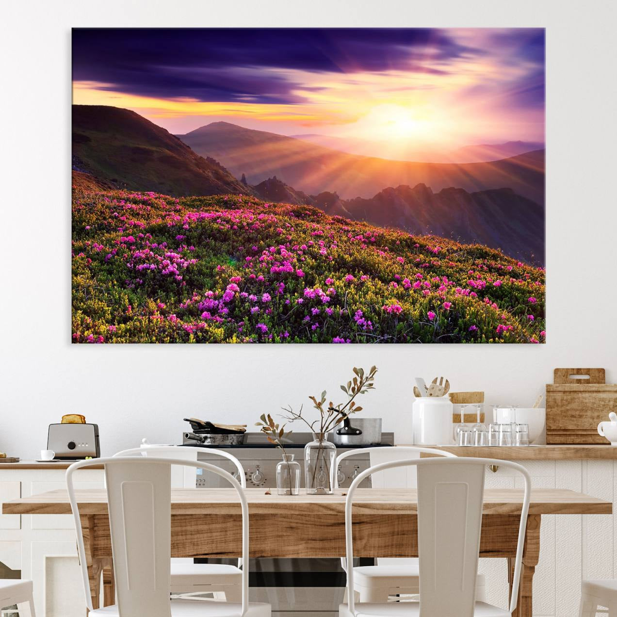 49741-MGV-CV-36X24-Beautiful Mountain Sunset Landscape with Purple Flowers Canvas Wall Art Print