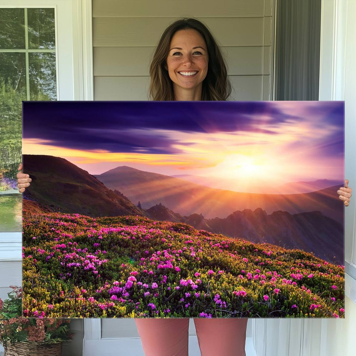 49741-MGV-CV-36X24-Beautiful Mountain Sunset Landscape with Purple Flowers Canvas Wall Art Print