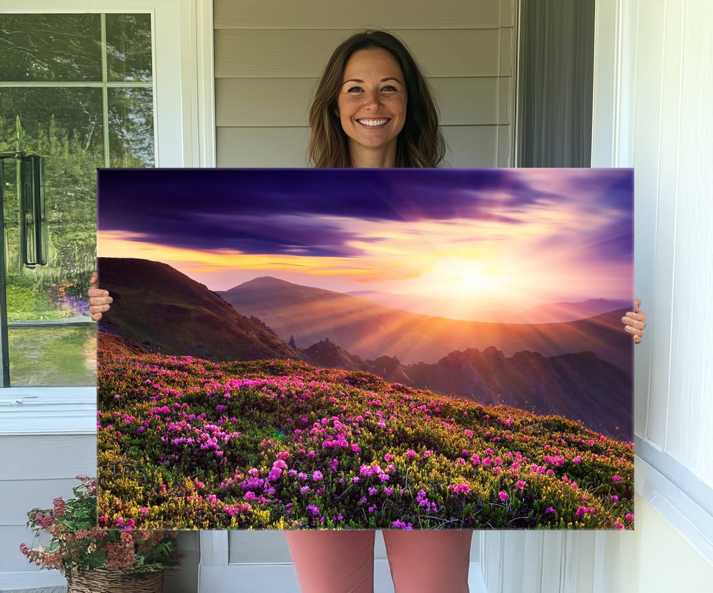 -Beautiful Mountain Sunset Landscape with Purple Flowers Canvas Wall Art Print