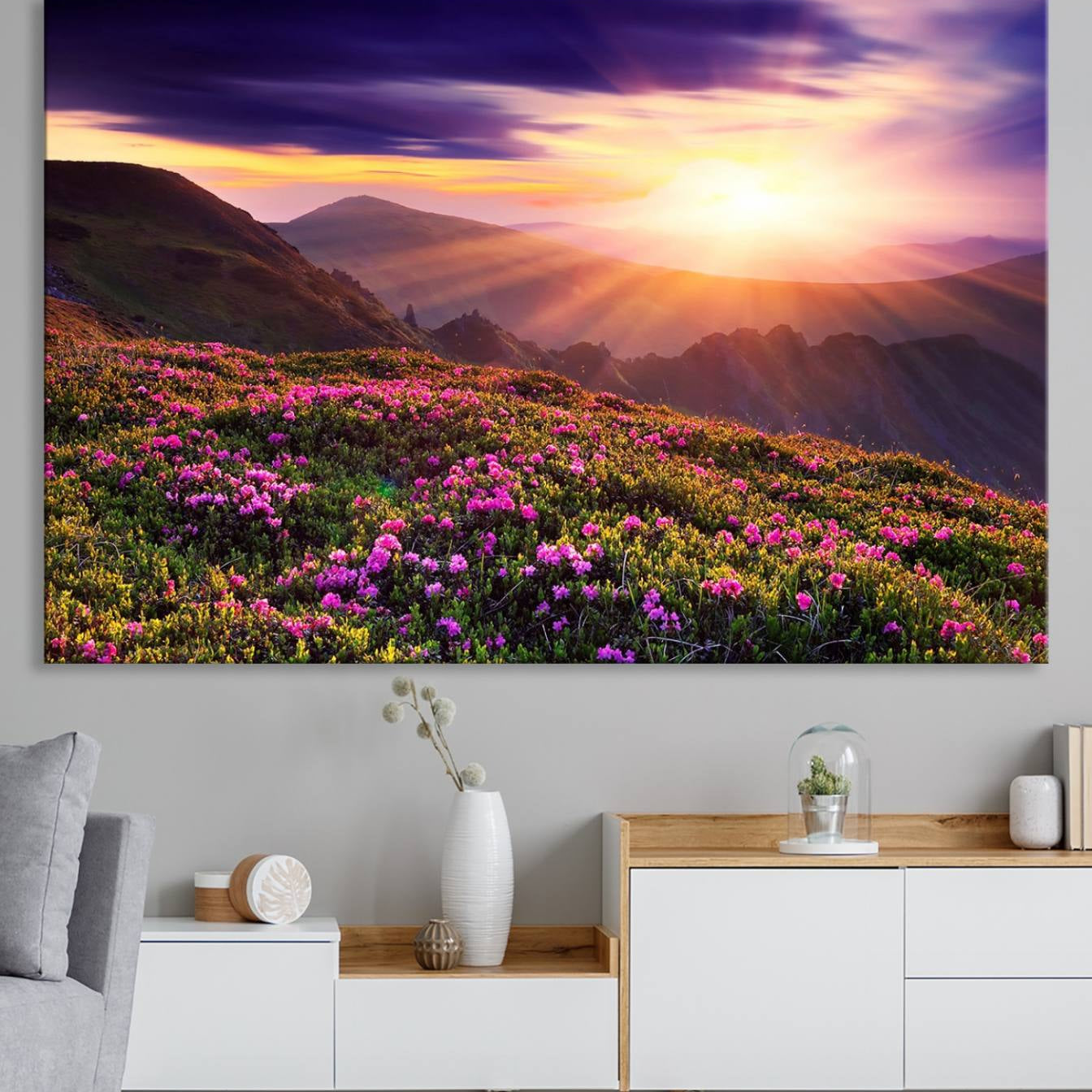 49741-MGV-CV-36X24-Beautiful Mountain Sunset Landscape with Purple Flowers Canvas Wall Art Print