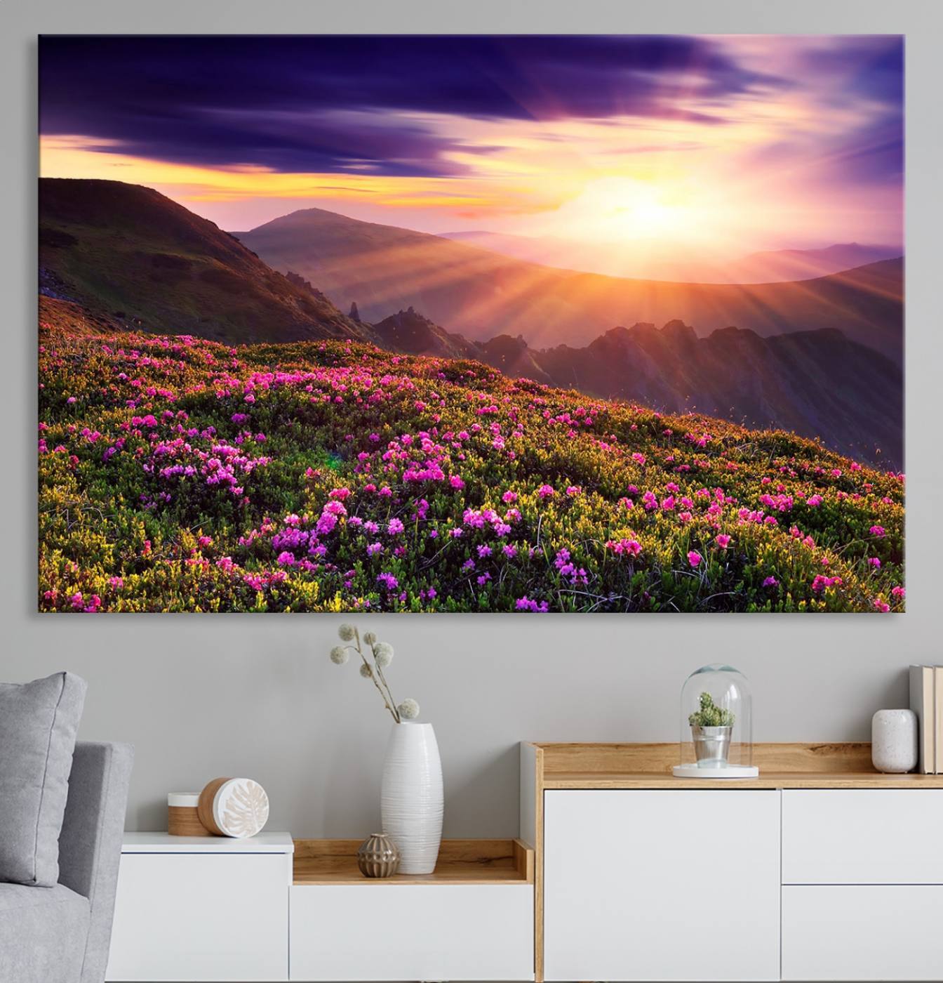 -Beautiful Mountain Sunset Landscape with Purple Flowers Canvas Wall Art Print
