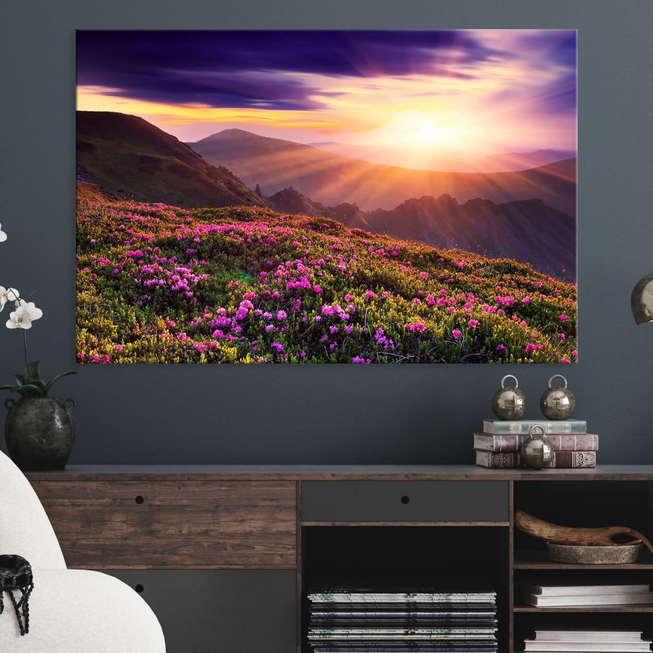 49741-MGV-CV-36X24-Beautiful Mountain Sunset Landscape with Purple Flowers Canvas Wall Art Print