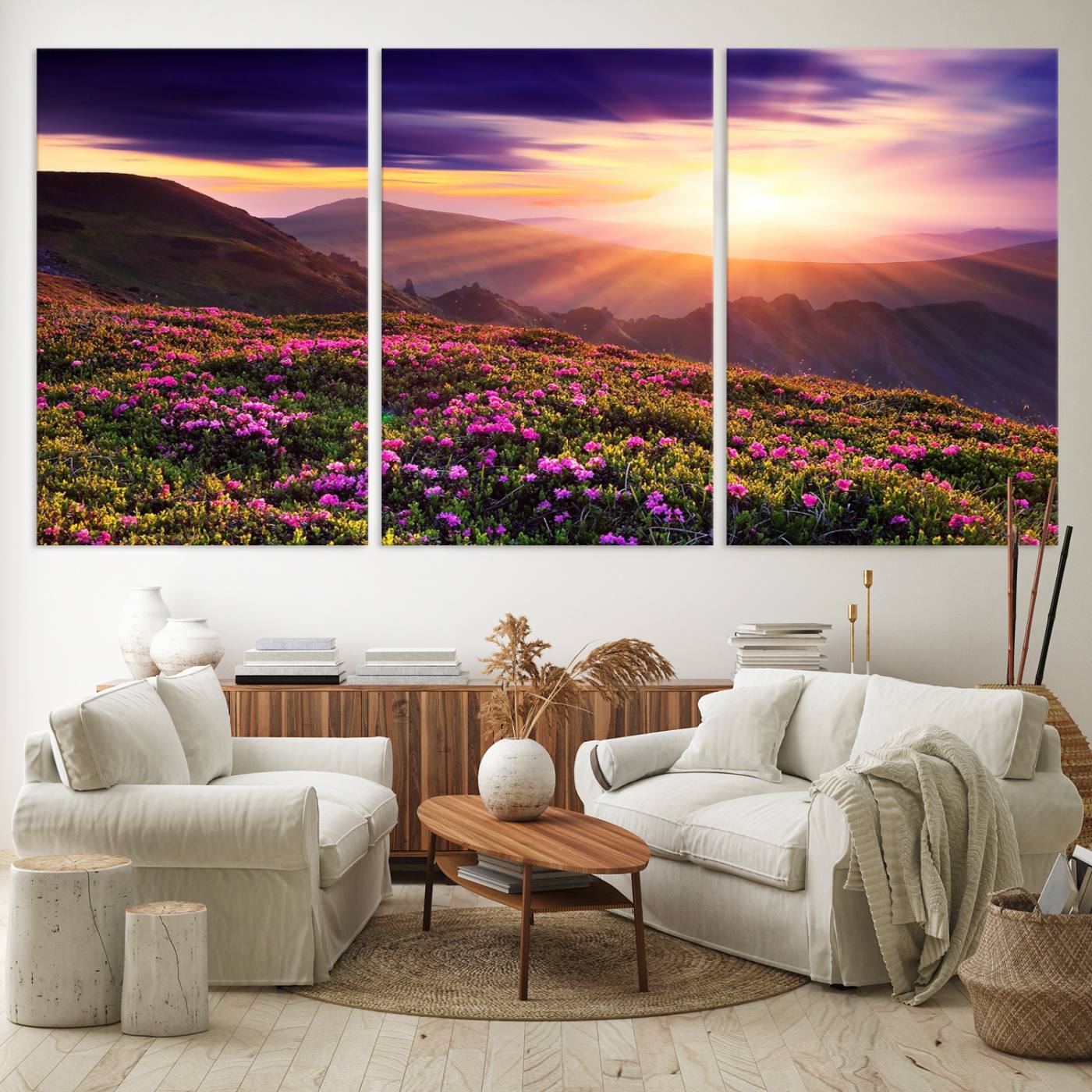 49741-MGV-CV-60X30-3P-Beautiful Mountain Sunset Landscape with Purple Flowers Canvas Wall Art Print