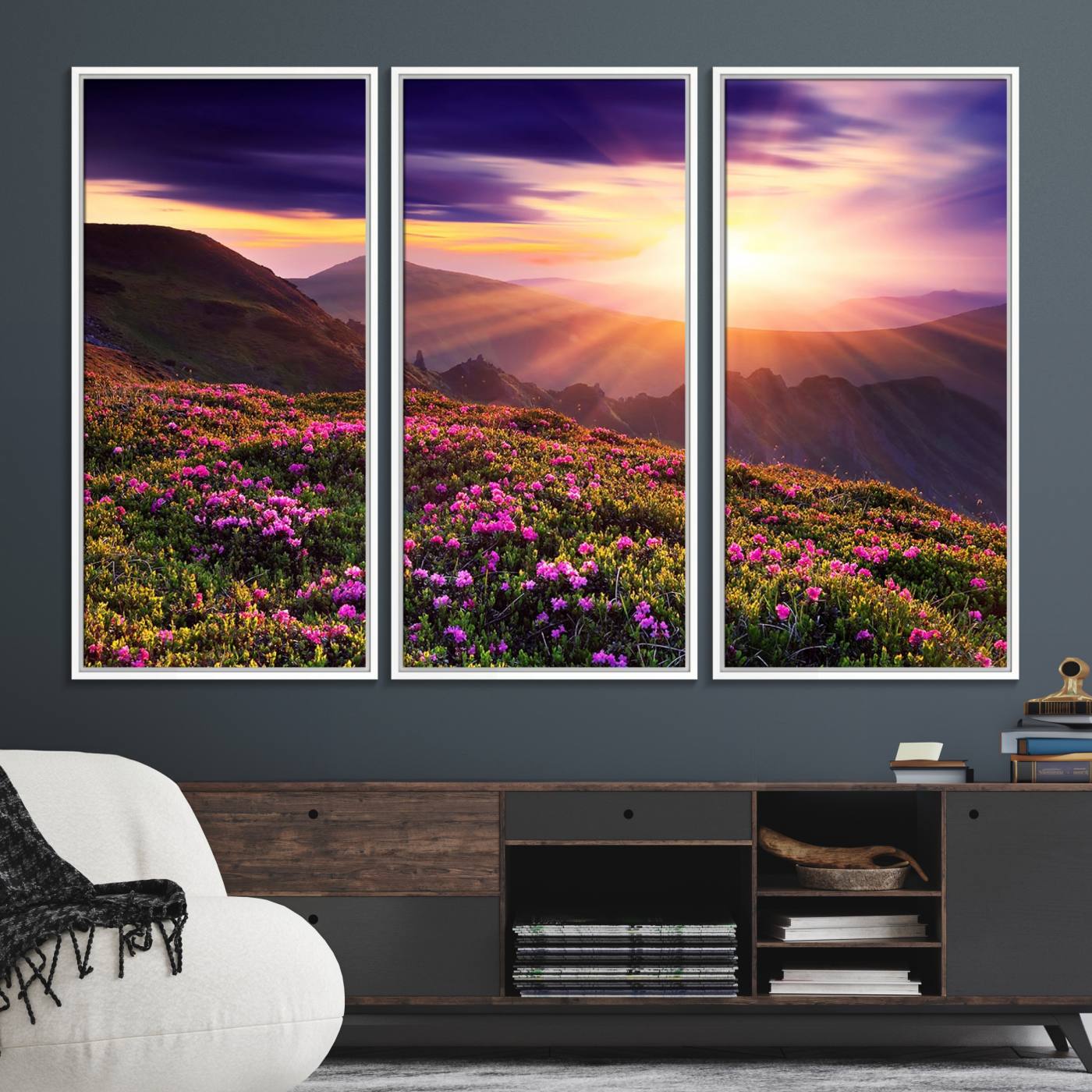 49741-MGV-FC-48X32-3P_White-Beautiful Mountain Sunset Landscape with Purple Flowers Canvas Wall Art Print