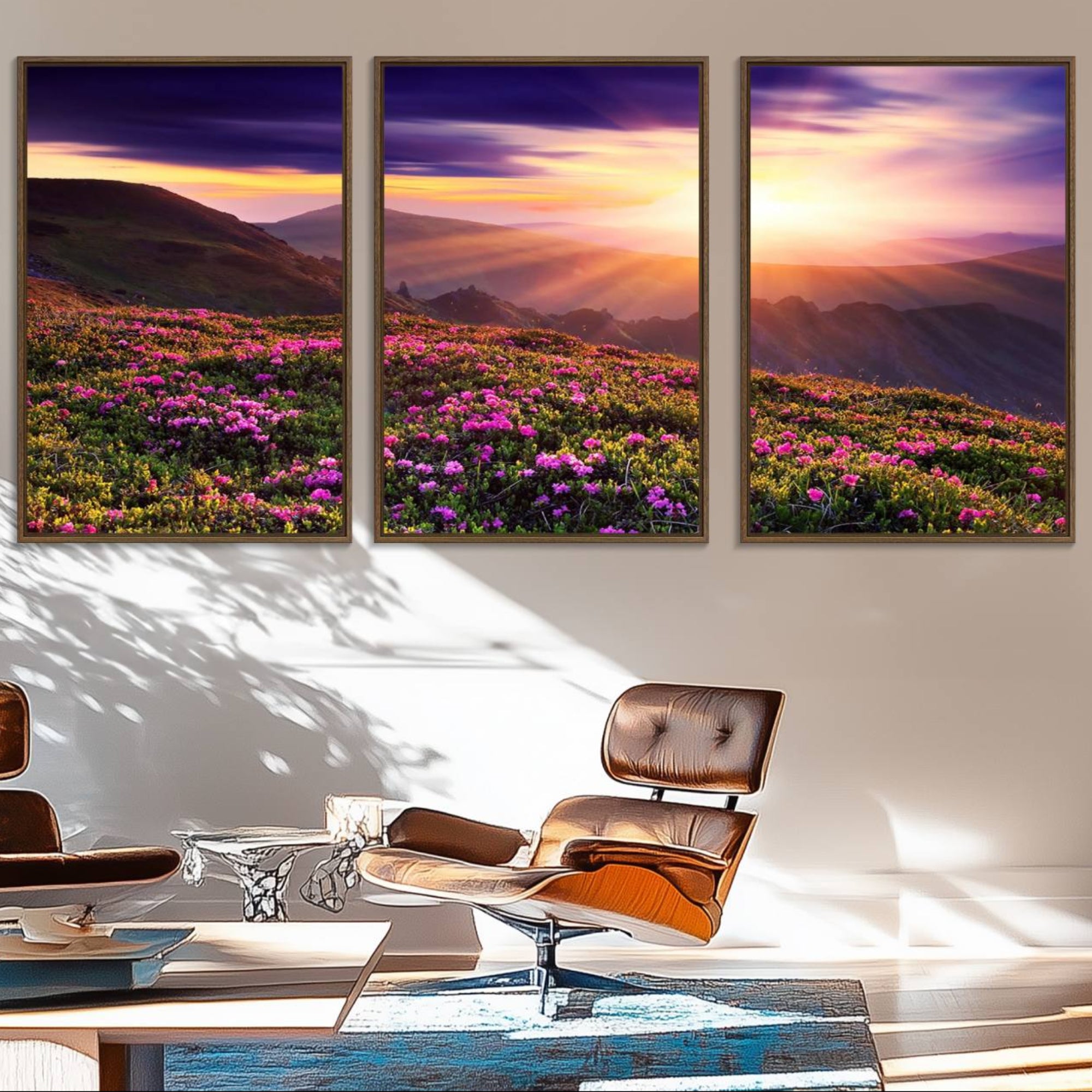 49741-MGV-FC-60X30-3P_Walnut-Beautiful Mountain Sunset Landscape with Purple Flowers Canvas Wall Art Print