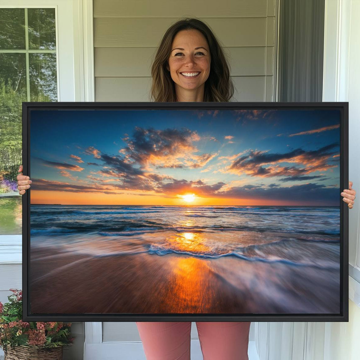 -Beautiful Sunset over the Horizon Beach Canvas Wall Art Ocean Canvas Artwork