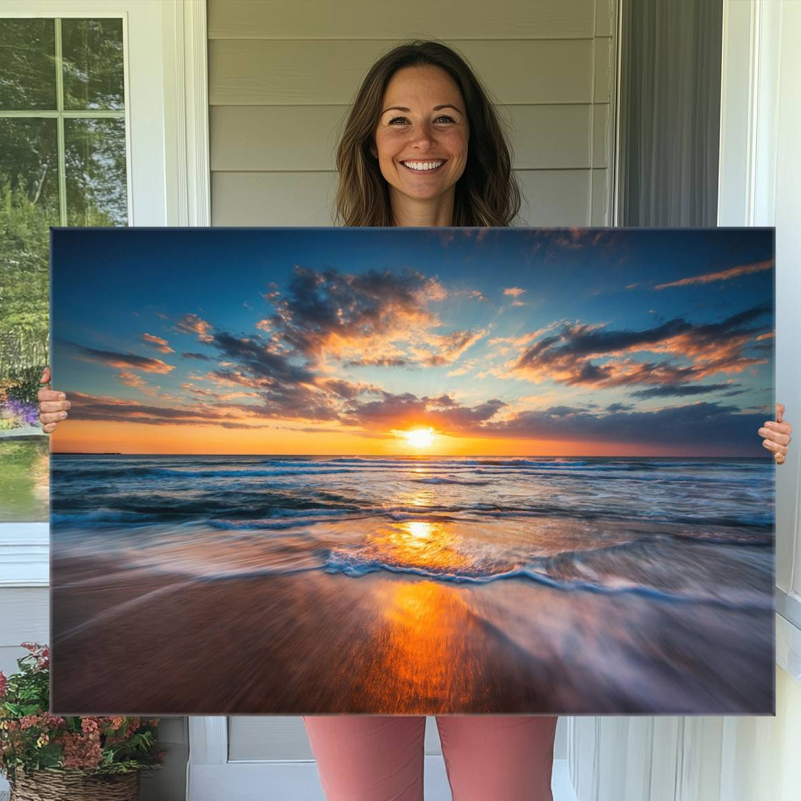 75542-MGV-CV-36X24-Beautiful Sunset over the Horizon Beach Canvas Wall Art Ocean Canvas Artwork