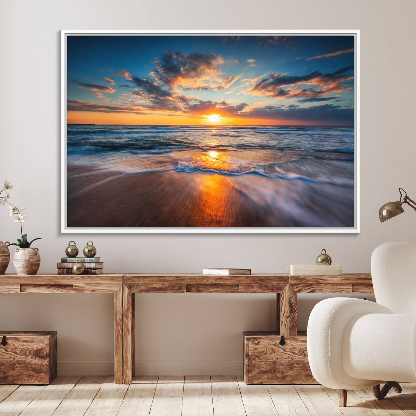 75542-MGV-FC-36X24_White-Beautiful Sunset over the Horizon Beach Canvas Wall Art Ocean Canvas Artwork