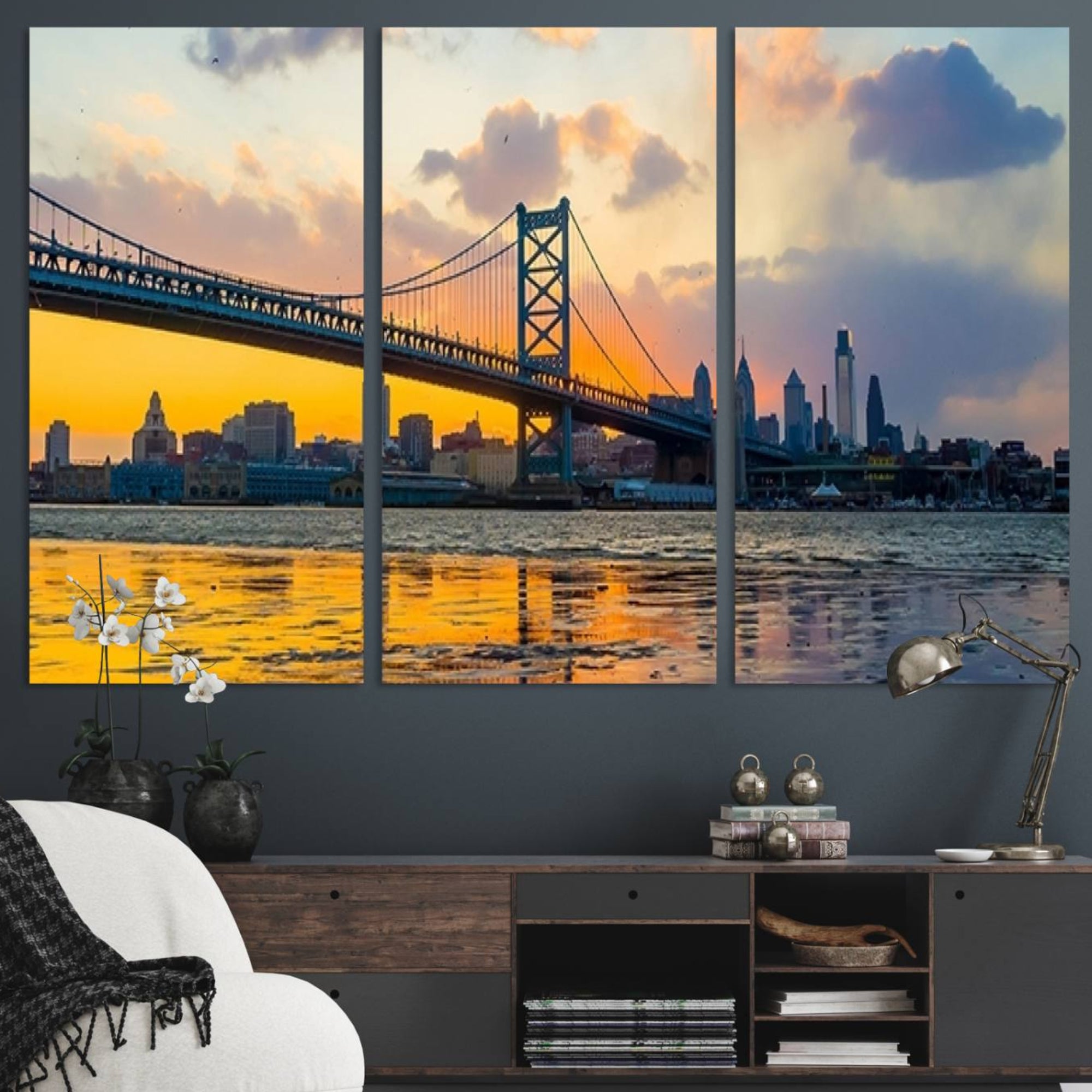 20098-MGV-CV-36X24-Ben Franklin Bridge Wall Art Print – Philadelphia Skyline Sunset Canvas Wall Art