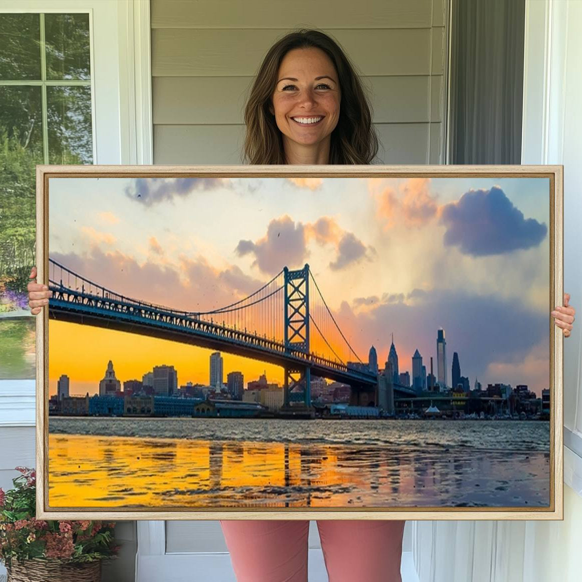 -Ben Franklin Bridge Wall Art Print – Philadelphia Skyline Sunset Canvas Wall Art