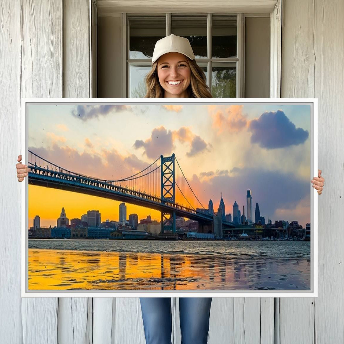 -Ben Franklin Bridge Wall Art Print – Philadelphia Skyline Sunset Canvas Wall Art