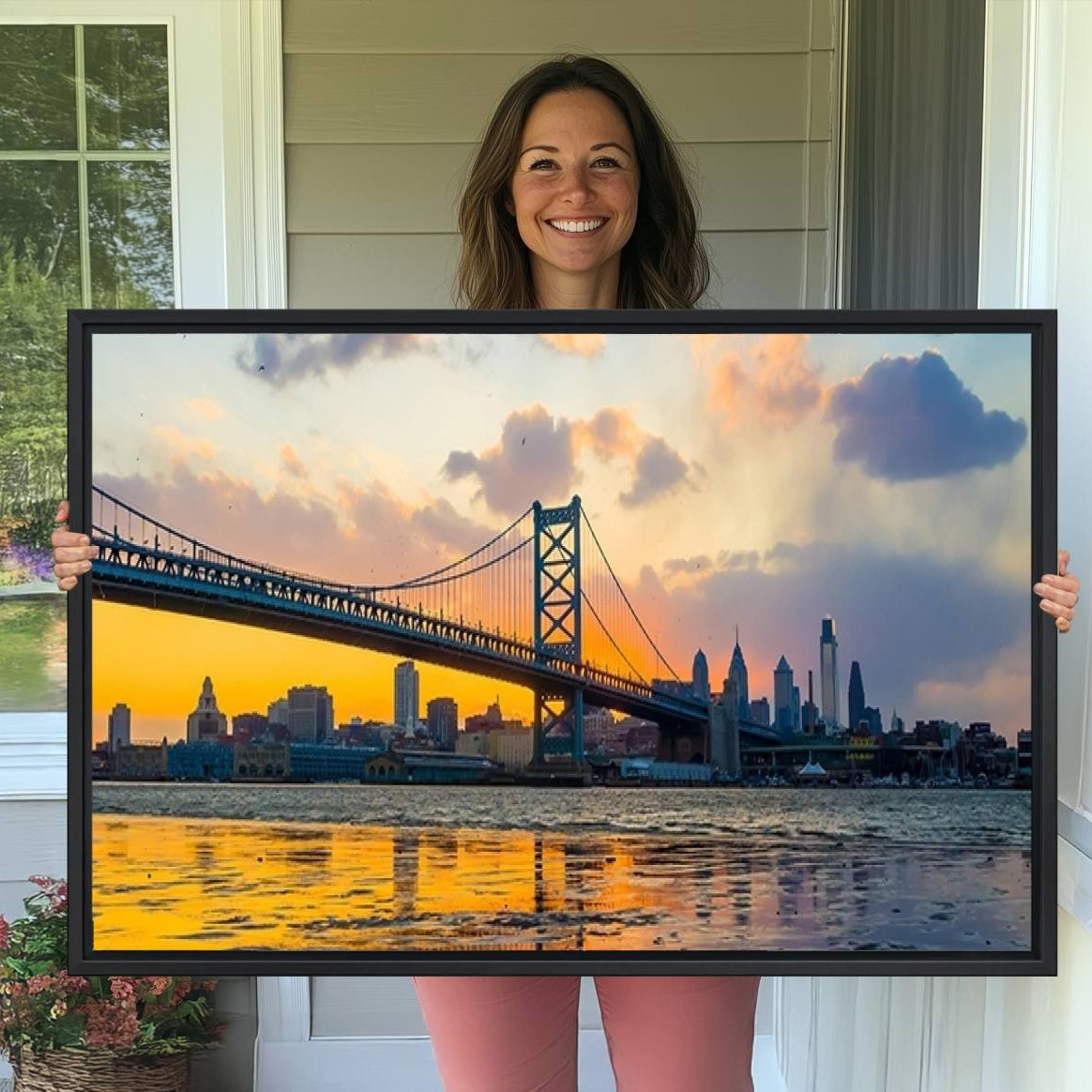 -Ben Franklin Bridge Wall Art Print – Philadelphia Skyline Sunset Canvas Wall Art