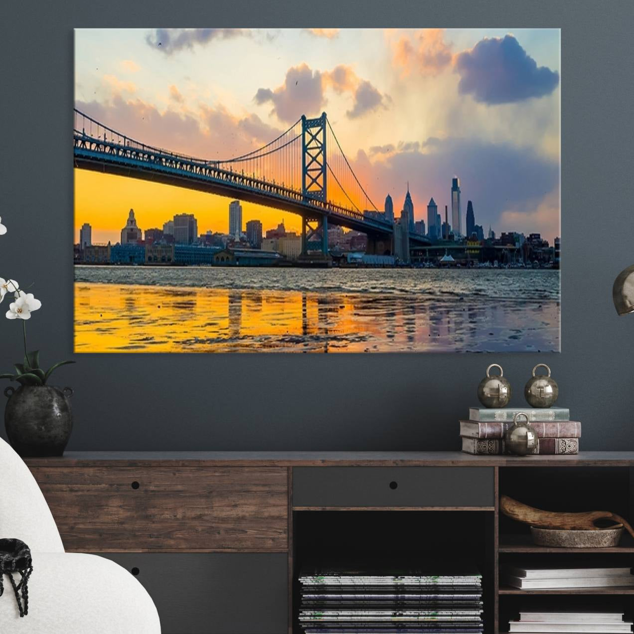 -Ben Franklin Bridge Wall Art Print – Philadelphia Skyline Sunset Canvas Wall Art