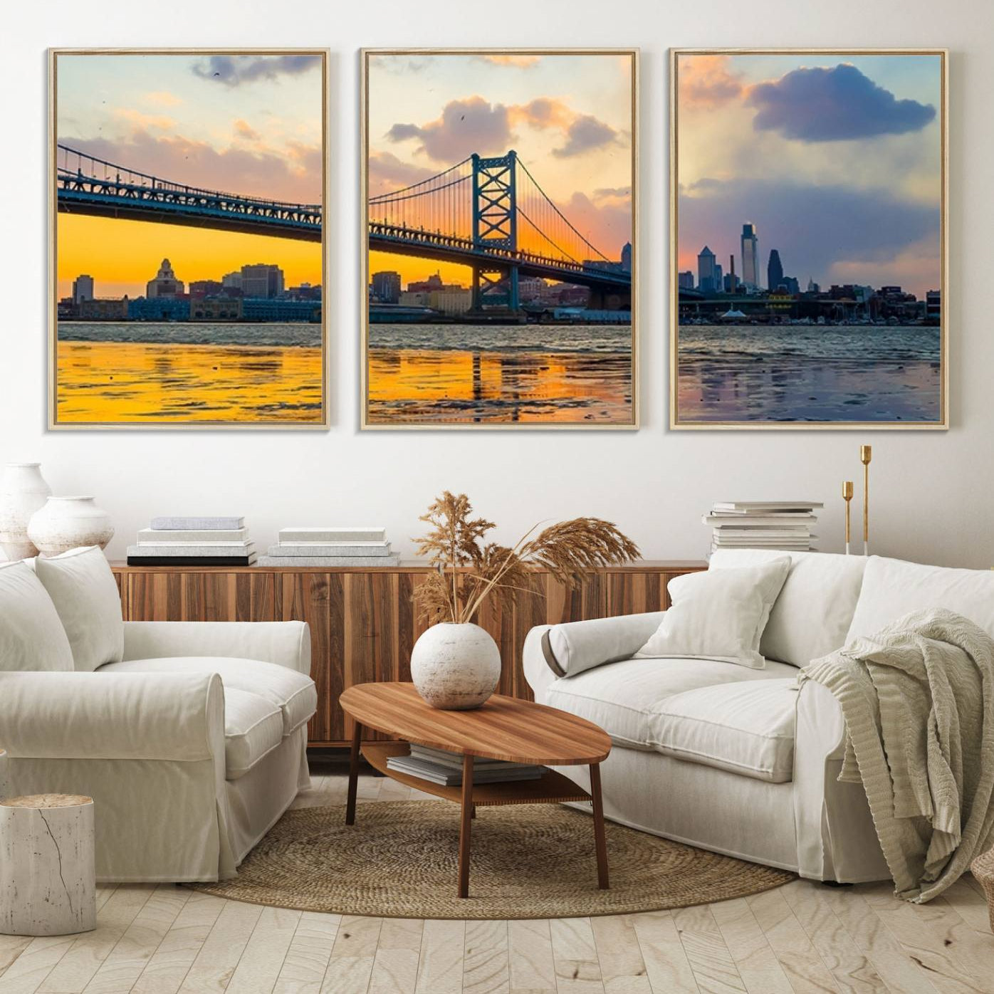 20098-MGV-FC-60X30-3P_Natural-Ben Franklin Bridge Wall Art Print – Philadelphia Skyline Sunset Canvas Wall Art