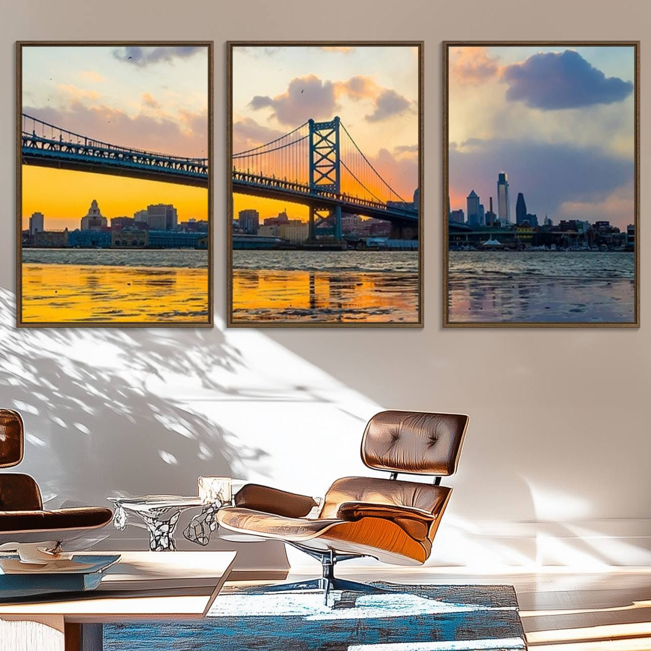20098-MGV-FC-60X30-3P_Walnut-Ben Franklin Bridge Wall Art Print – Philadelphia Skyline Sunset Canvas Wall Art