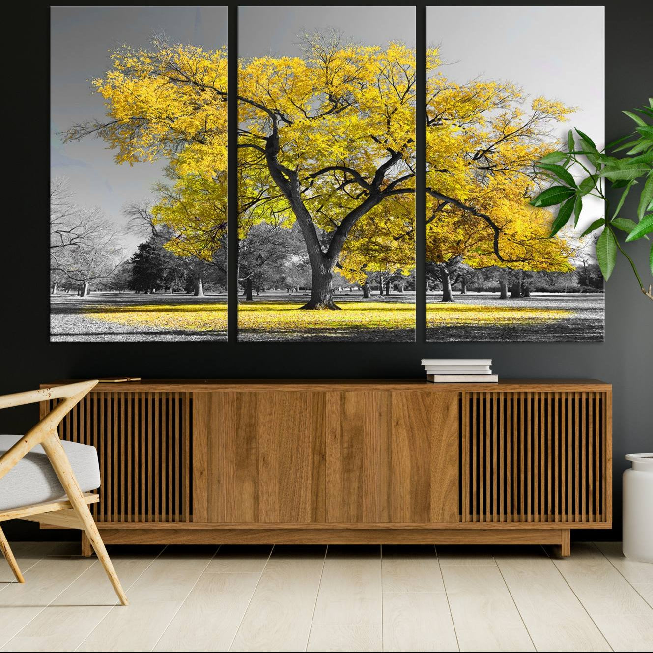 87659-MGV-CV-36X24-Big Yellow Tree Canvas Wall Art Print Black White Yellow Art Painting