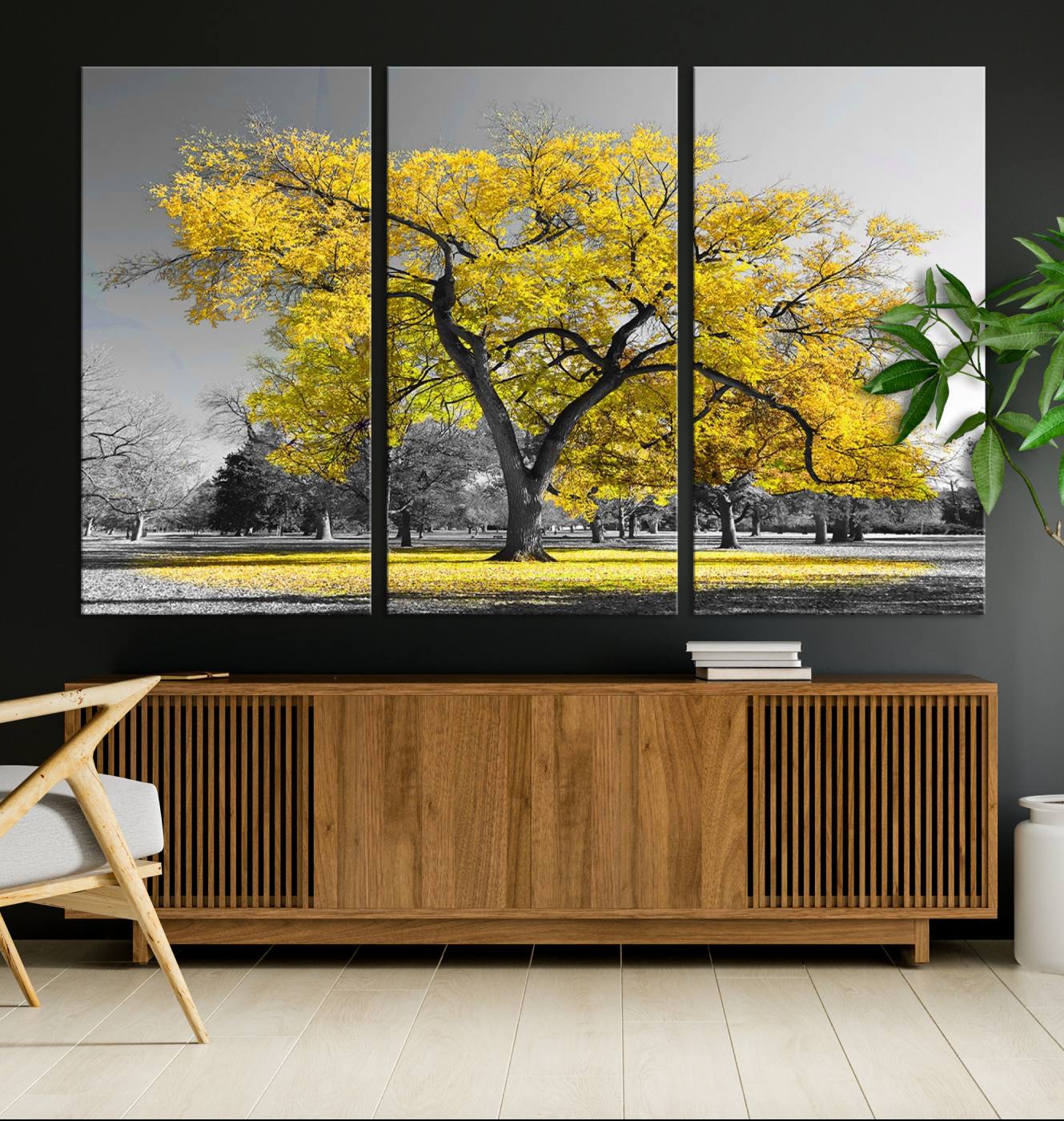 87659-MGV-CV-36X24-Big Yellow Tree Canvas Wall Art Print Black White Yellow Art Painting