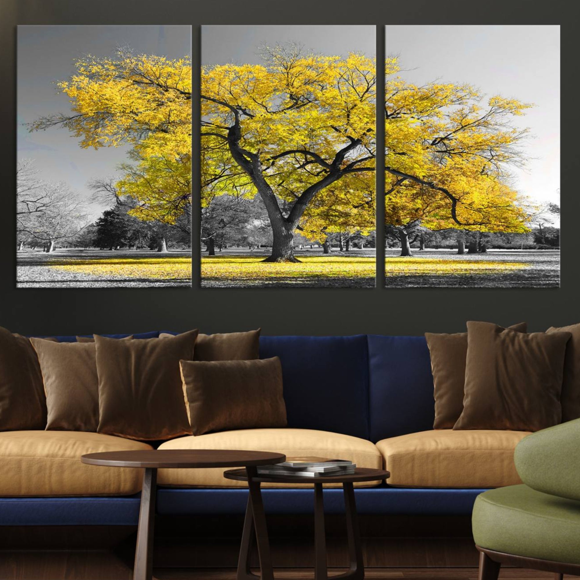 87659-MGV-CV-36X24-Big Yellow Tree Canvas Wall Art Print Black White Yellow Art Painting