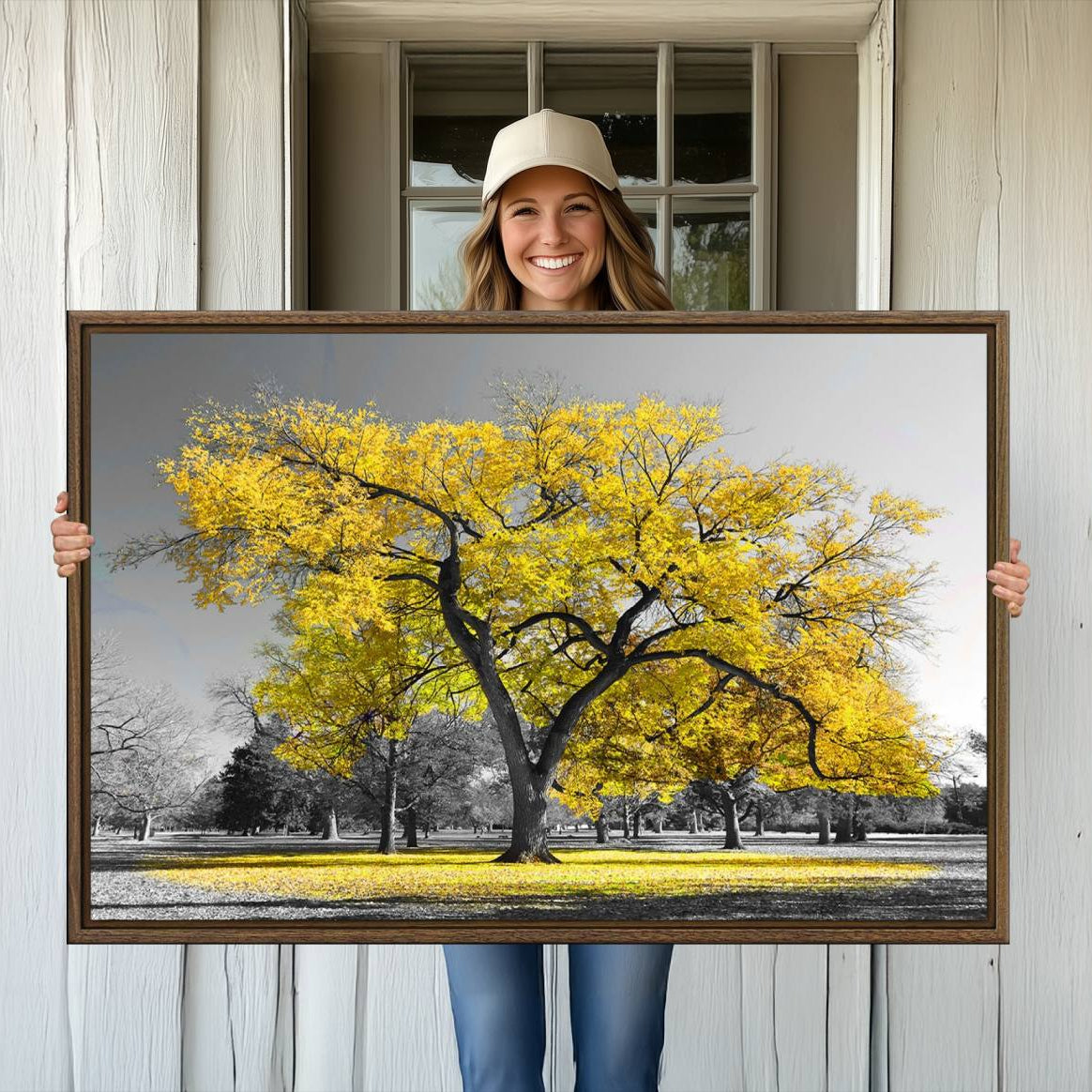 87659-MGV-CV-36X24-Big Yellow Tree Canvas Wall Art Print Black White Yellow Art Painting