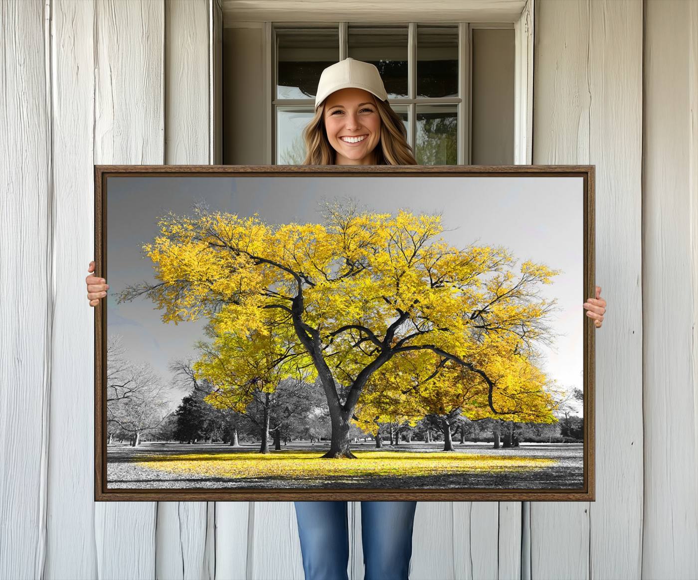 87659-MGV-CV-36X24-Big Yellow Tree Canvas Wall Art Print Black White Yellow Art Painting