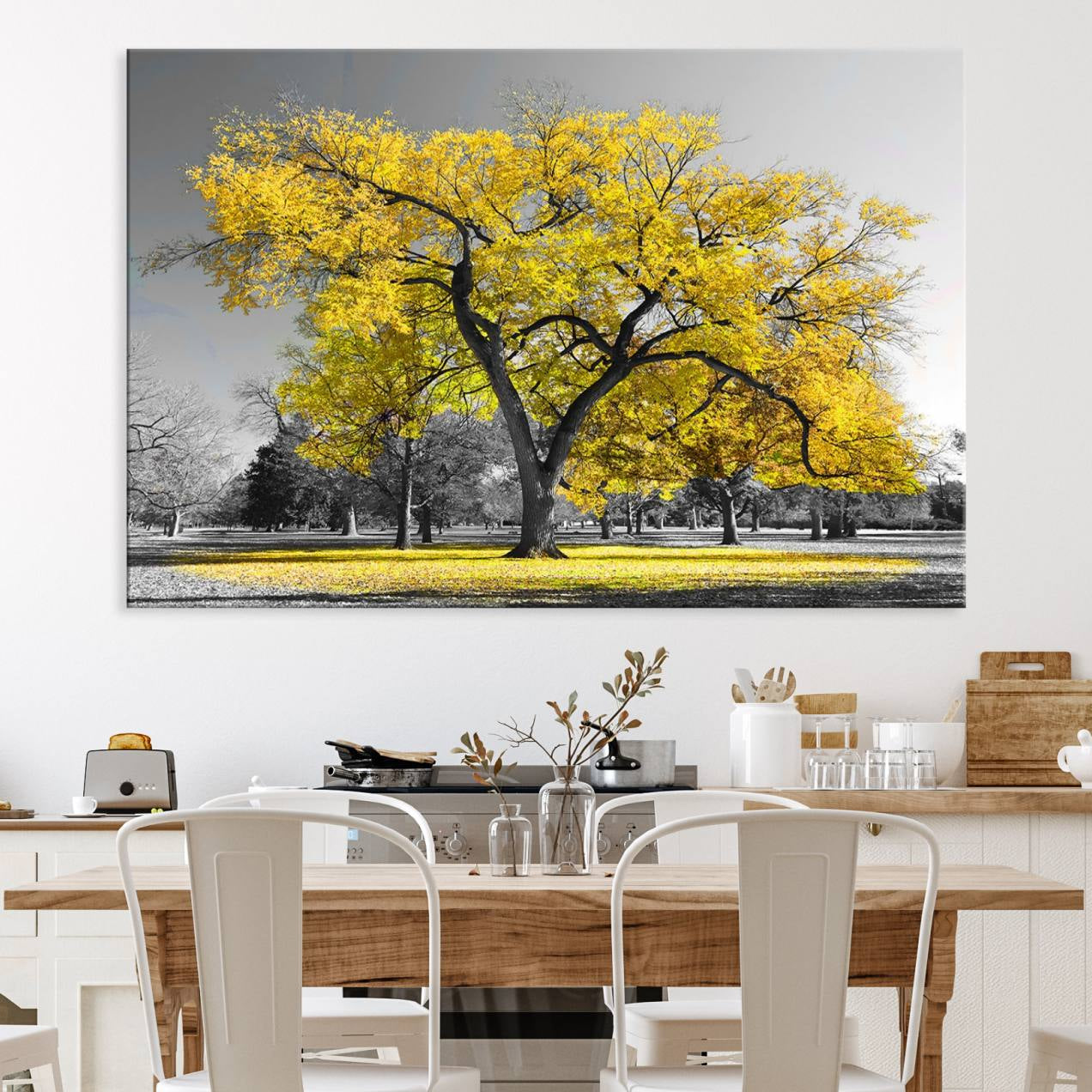 87659-MGV-CV-36X24-Big Yellow Tree Canvas Wall Art Print Black White Yellow Art Painting
