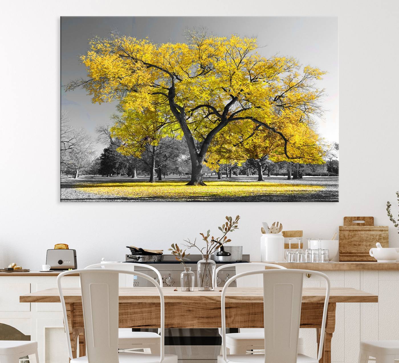87659-MGV-CV-36X24-Big Yellow Tree Canvas Wall Art Print Black White Yellow Art Painting