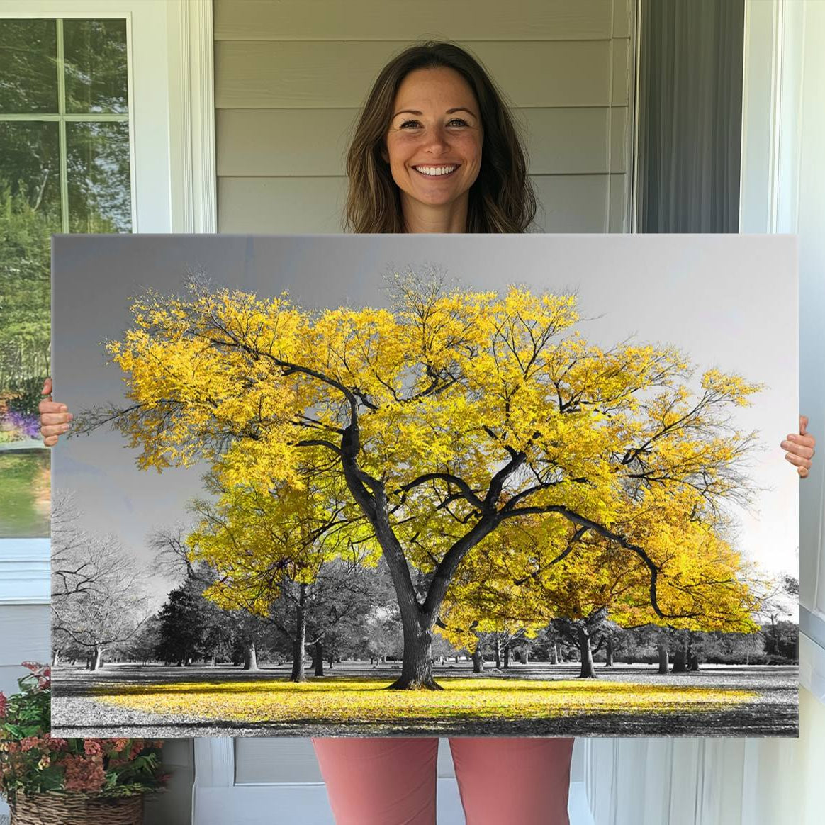 87659-MGV-CV-36X24-Big Yellow Tree Canvas Wall Art Print Black White Yellow Art Painting