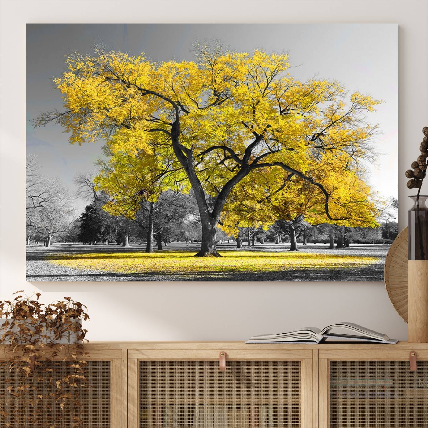 87659-MGV-CV-36X24-Big Yellow Tree Canvas Wall Art Print Black White Yellow Art Painting