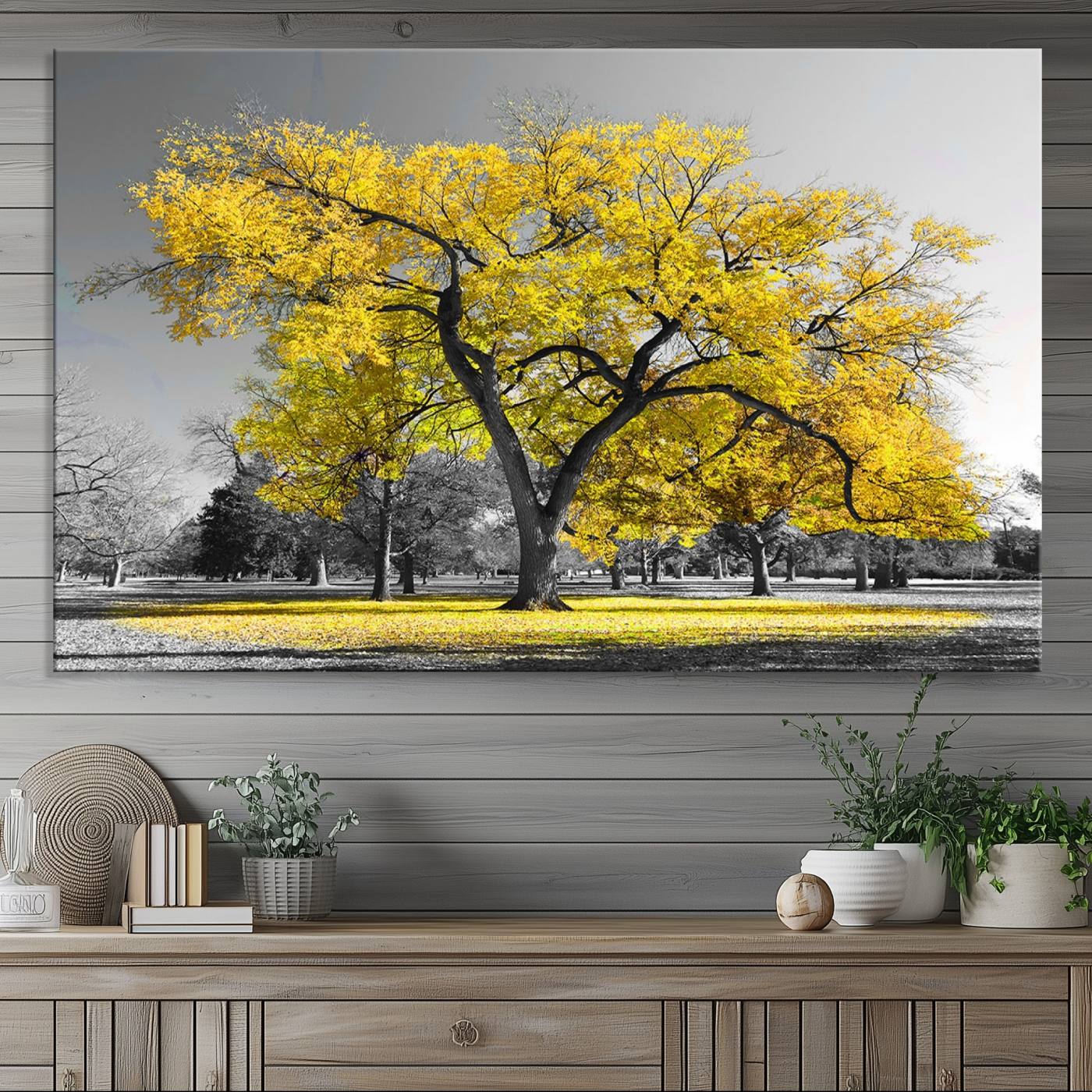 87659-MGV-CV-36X24-Big Yellow Tree Canvas Wall Art Print Black White Yellow Art Painting