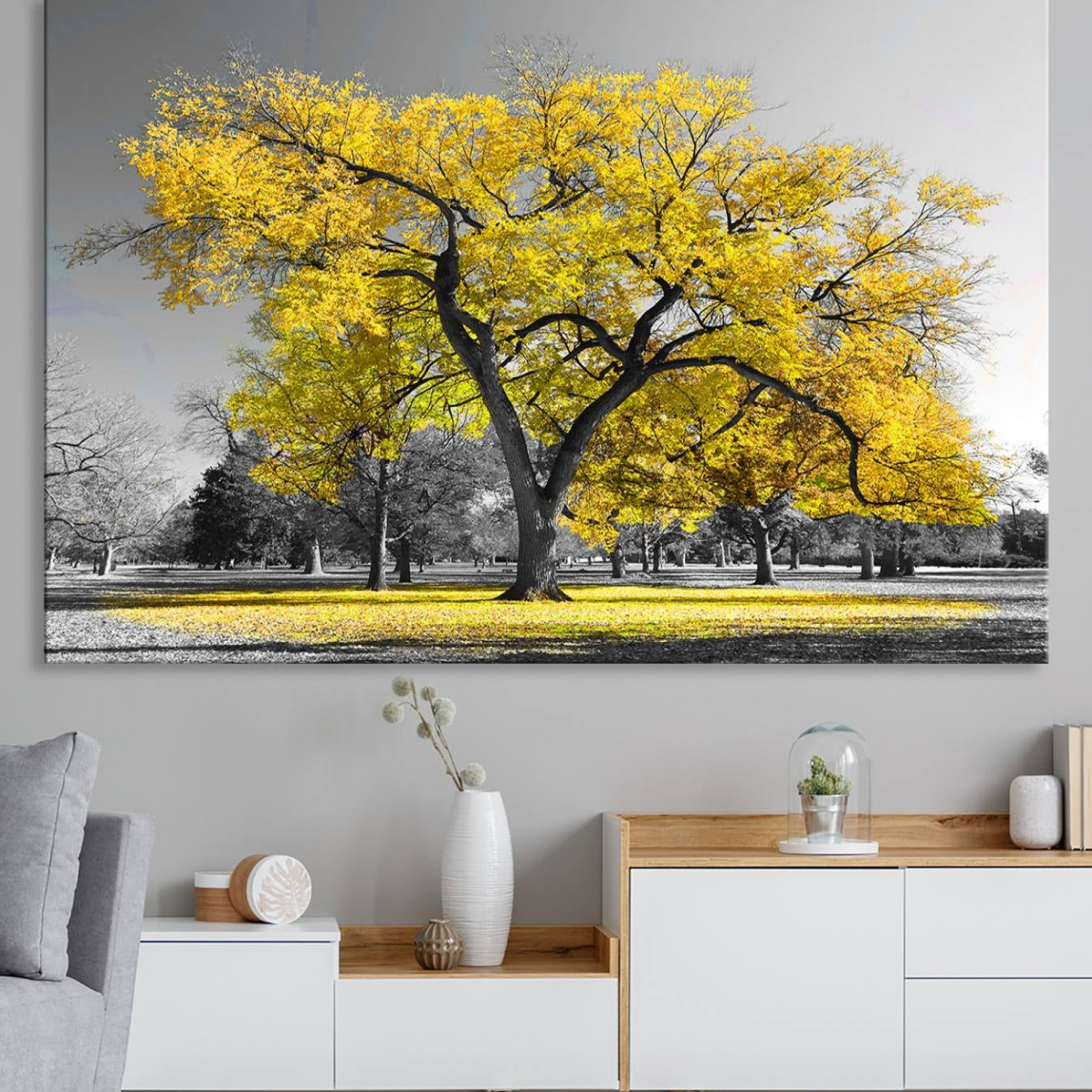 87659-MGV-CV-36X24-Big Yellow Tree Canvas Wall Art Print Black White Yellow Art Painting