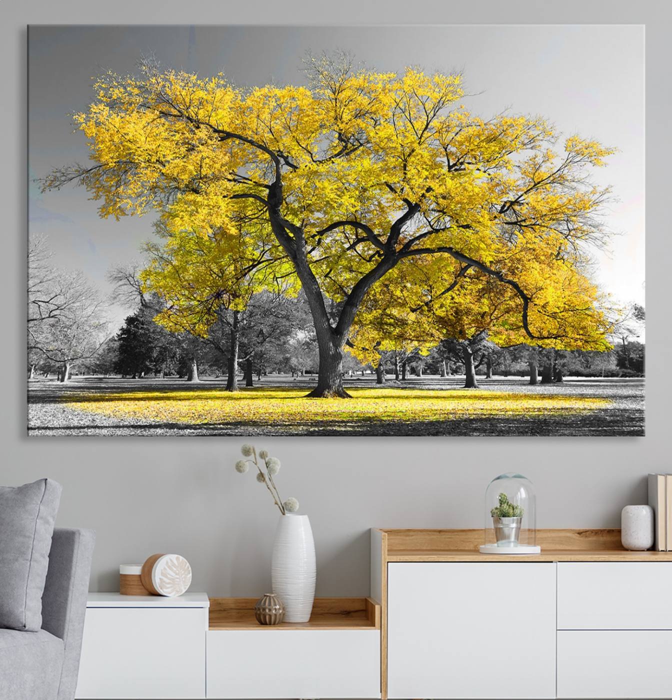 87659-MGV-CV-36X24-Big Yellow Tree Canvas Wall Art Print Black White Yellow Art Painting