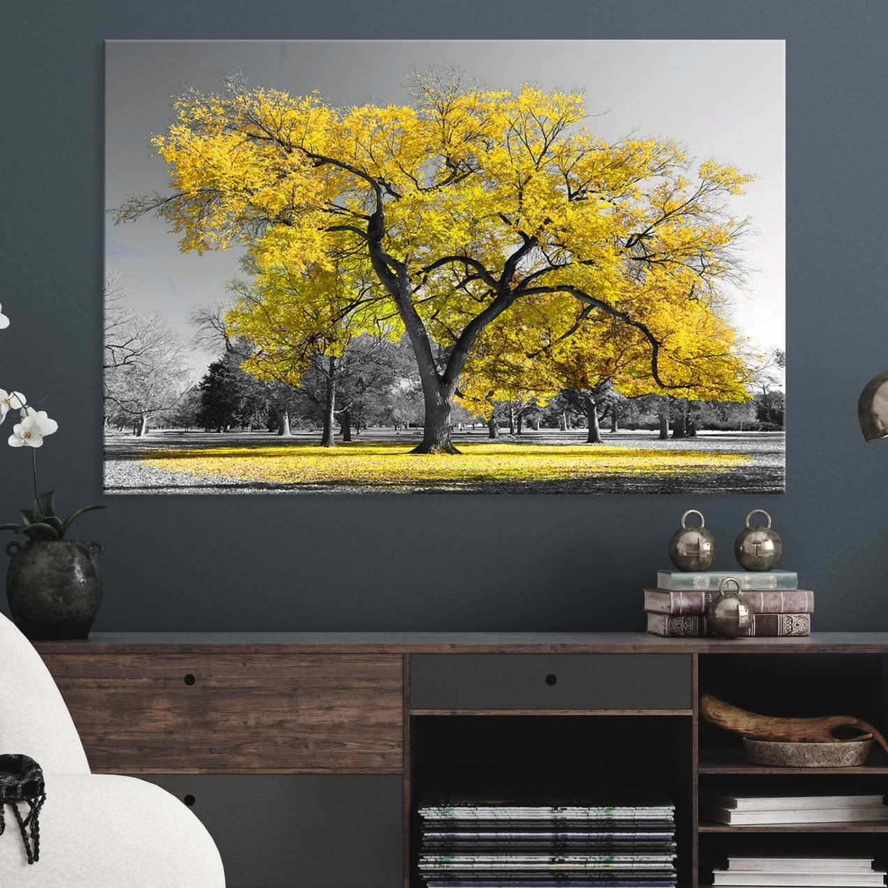 87659-MGV-CV-36X24-Big Yellow Tree Canvas Wall Art Print Black White Yellow Art Painting