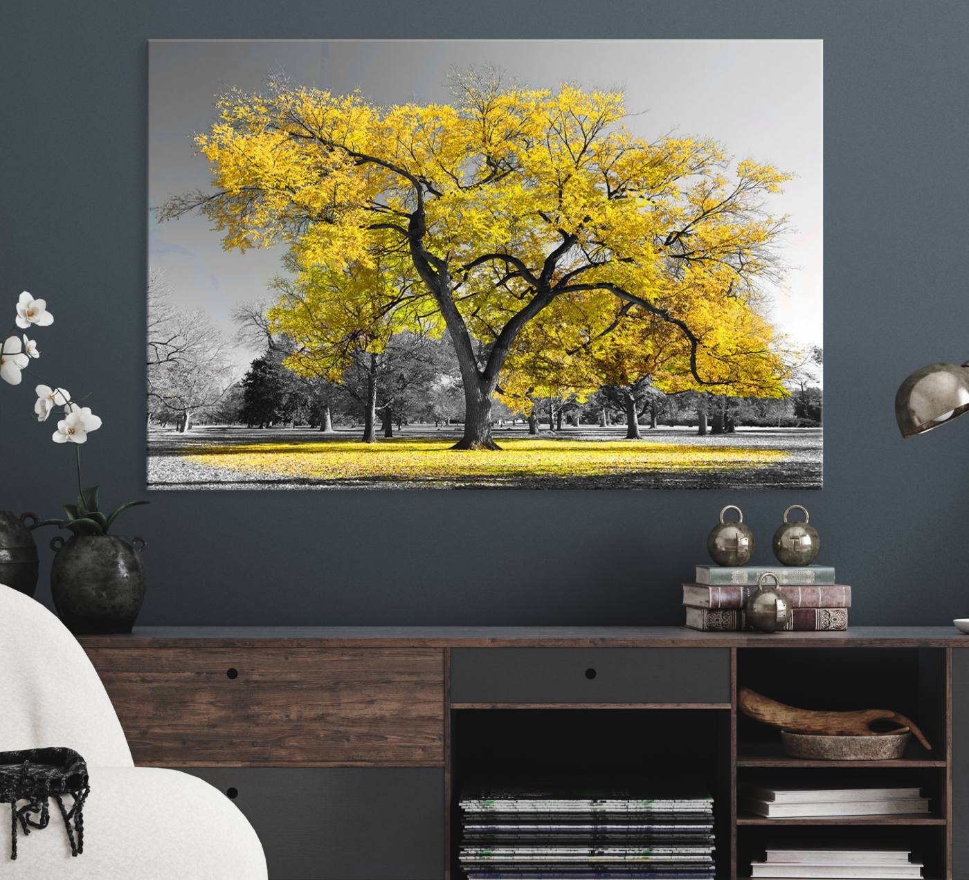 87659-MGV-CV-36X24-Big Yellow Tree Canvas Wall Art Print Black White Yellow Art Painting