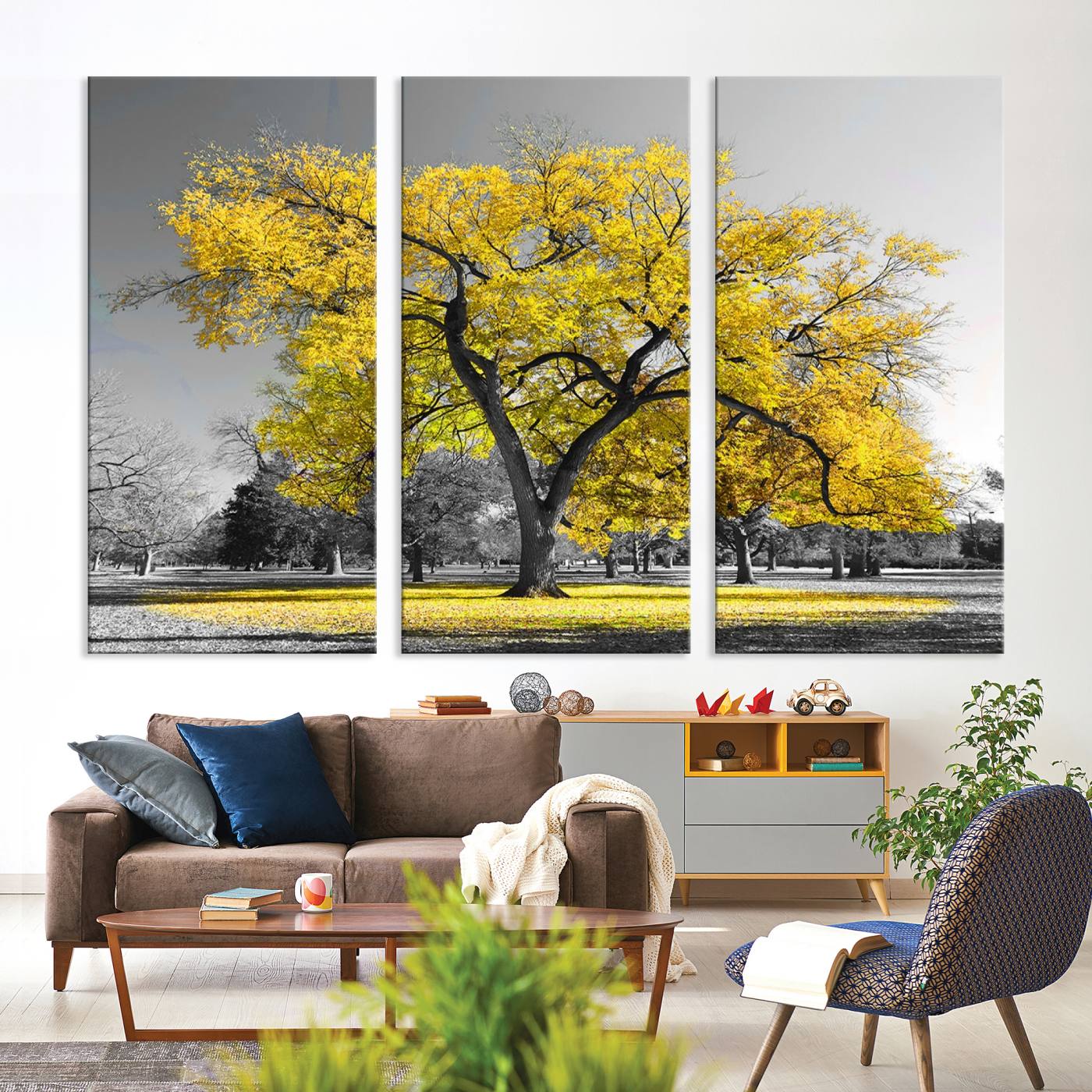 87659-MGV-CV-36X24-Big Yellow Tree Canvas Wall Art Print Black White Yellow Art Painting