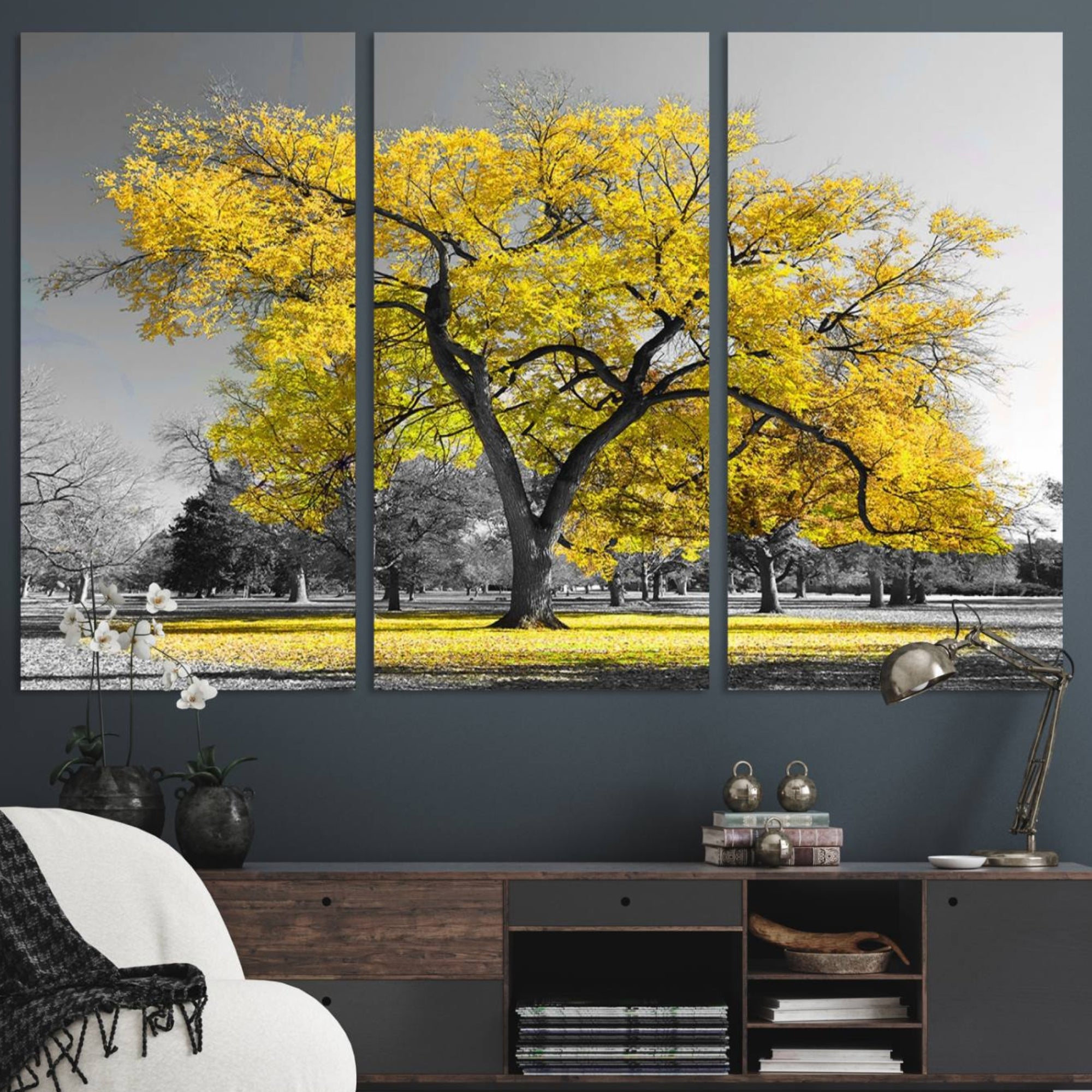 87659-MGV-CV-48X32-3P-Big Yellow Tree Canvas Wall Art Print Black White Yellow Art Painting
