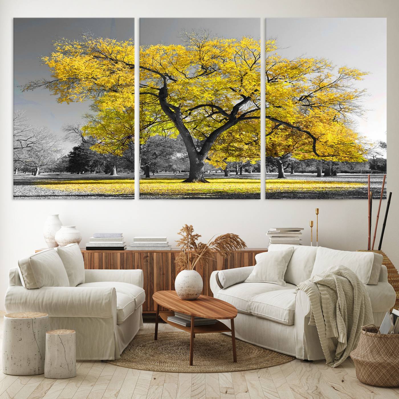 87659-MGV-CV-60X30-3P-Big Yellow Tree Canvas Wall Art Print Black White Yellow Art Painting