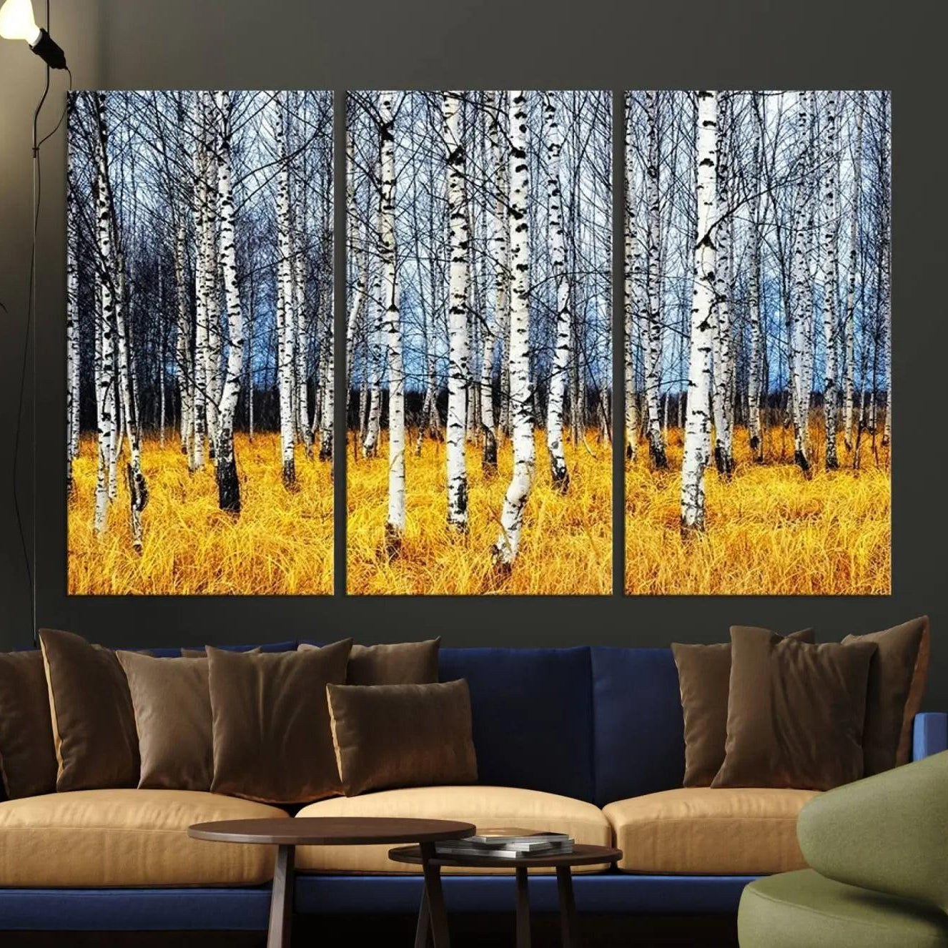 -Birch Trees Wall Art Print, Wall Art Landscape Canvas Print Leafless Trees on Yellow Ground