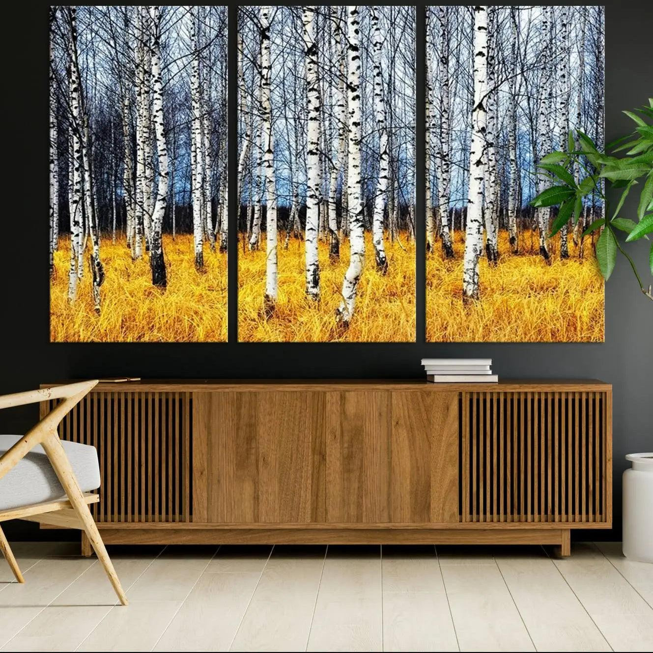 -Birch Trees Wall Art Print, Wall Art Landscape Canvas Print Leafless Trees on Yellow Ground