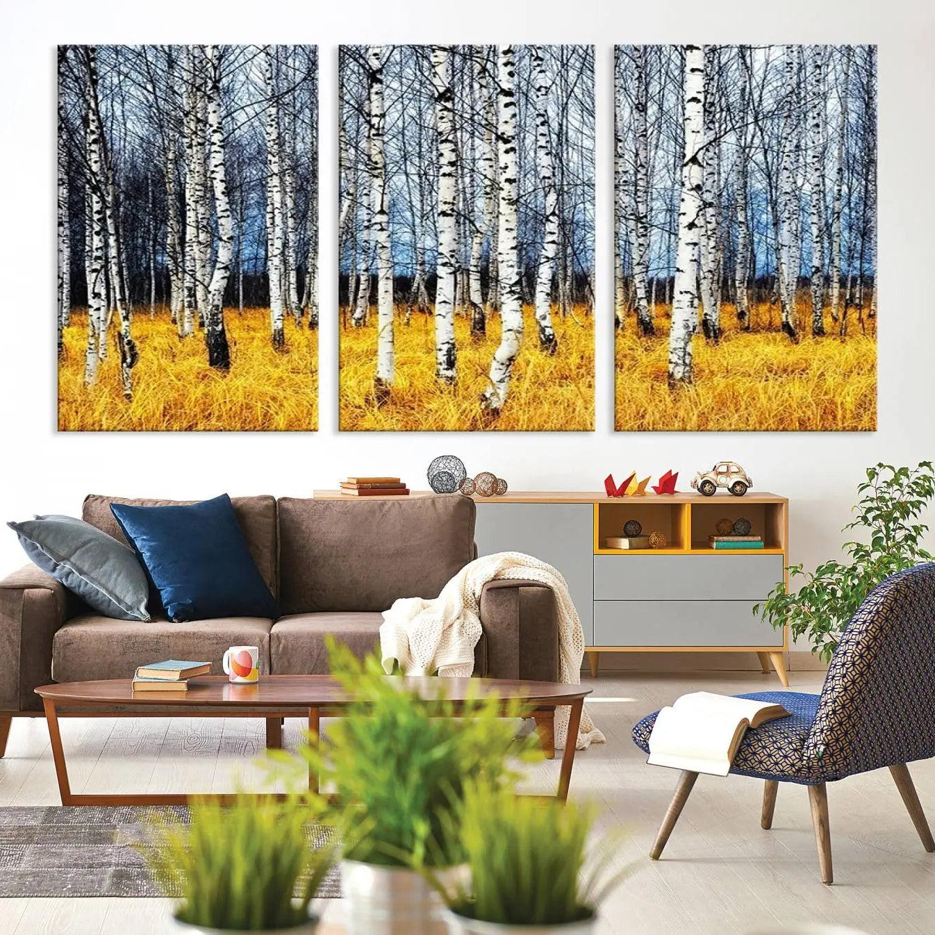 -Birch Trees Wall Art Print, Wall Art Landscape Canvas Print Leafless Trees on Yellow Ground