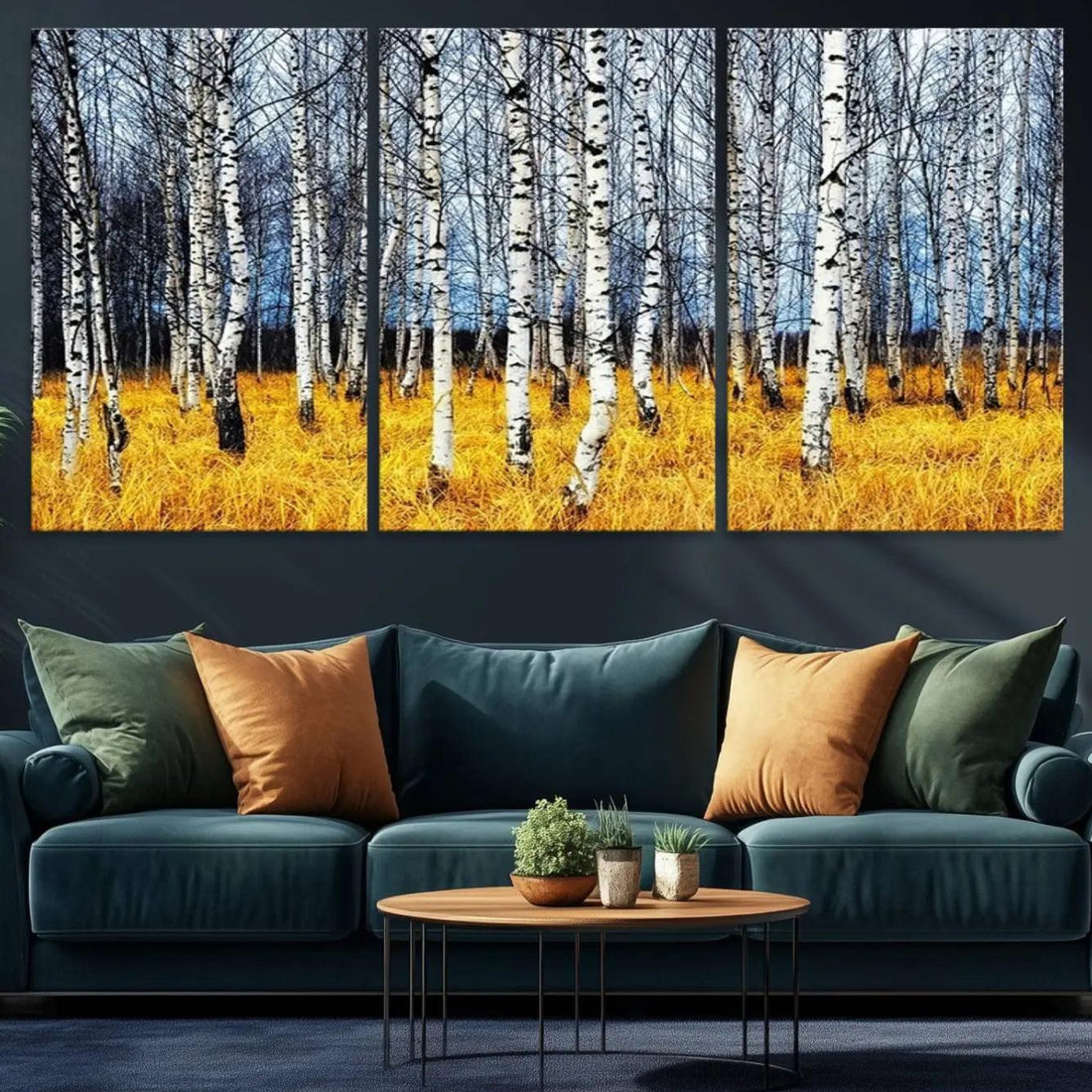Birch Trees Wall Art Print, Landscape Canvas Print Leafless Trees on Yellow Ground